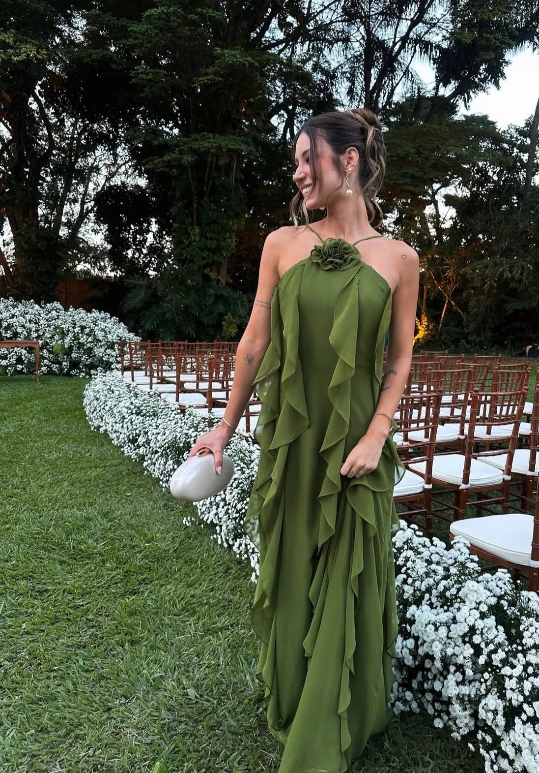 Olive Green Halter Neck Prom Dress With 3D Floral Detail And Tiered Chiffon Skirt Formal Prom Dress