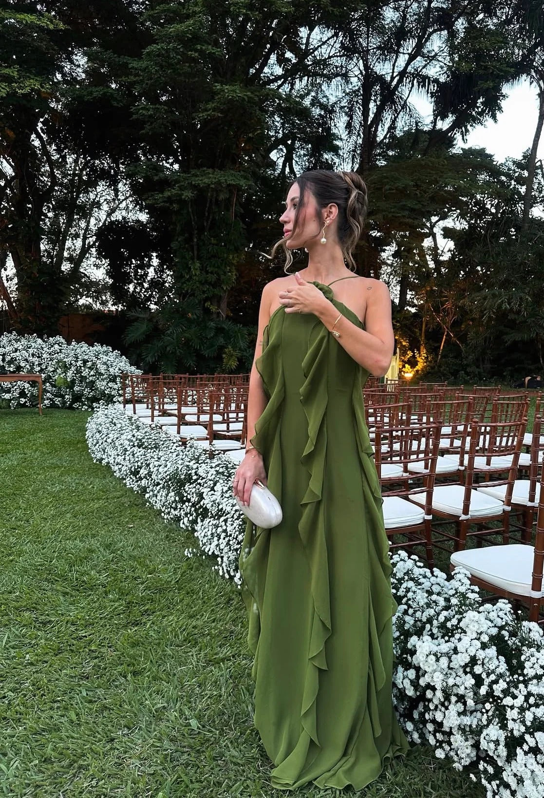 Olive Green Halter Neck Prom Dress With 3D Floral Detail And Tiered Chiffon Skirt Formal Prom Dress