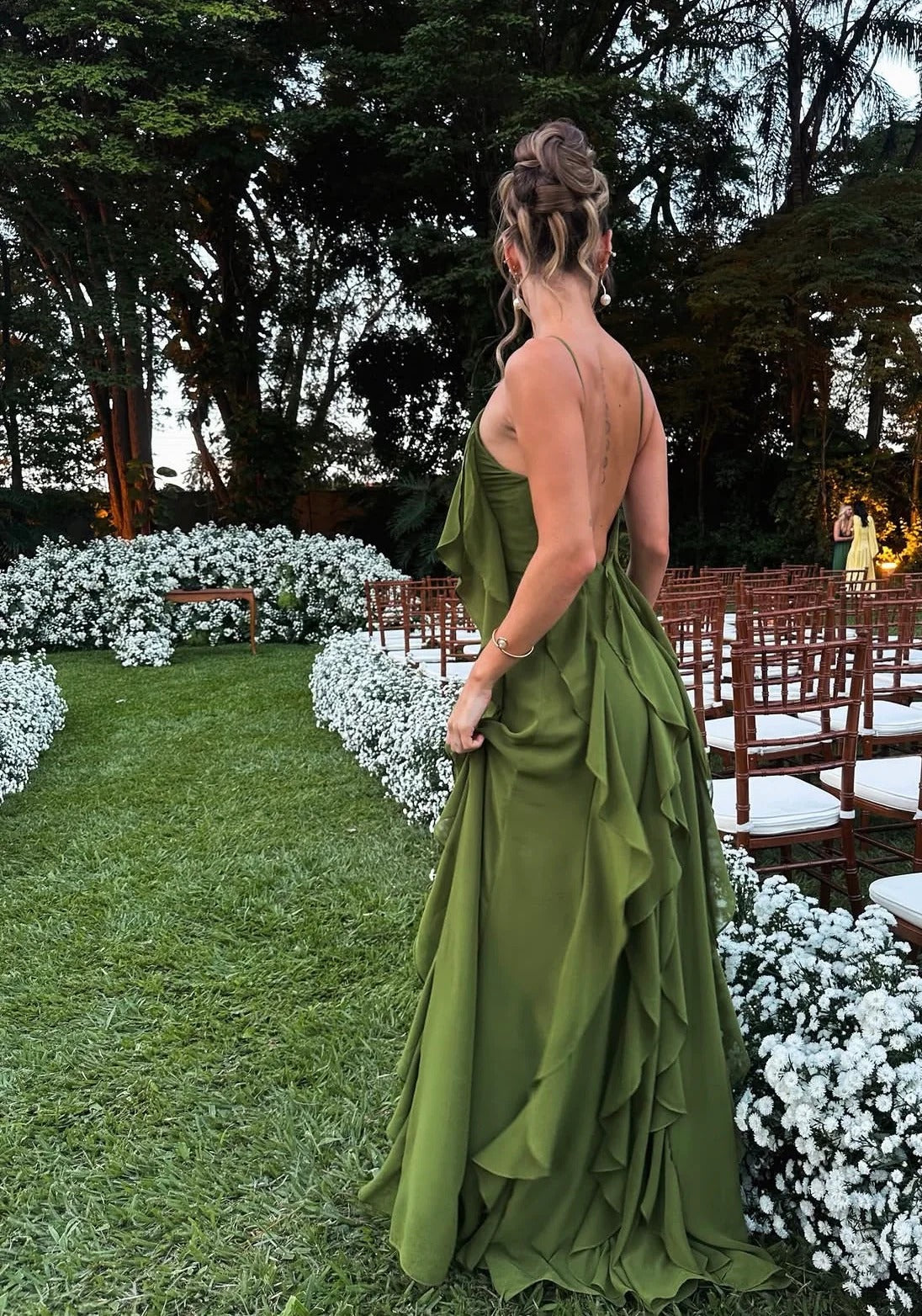 Olive Green Halter Neck Prom Dress With 3D Floral Detail And Tiered Chiffon Skirt Formal Prom Dress