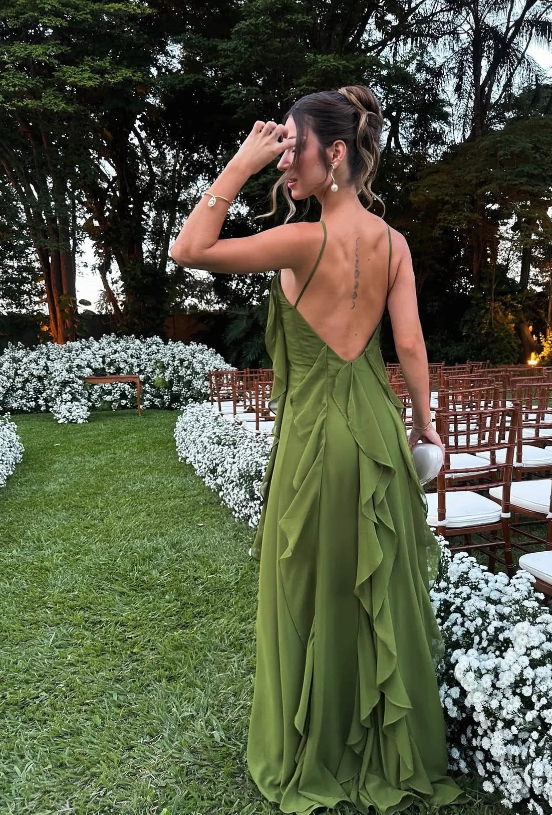 Olive Green Halter Neck Prom Dress With 3D Floral Detail And Tiered Chiffon Skirt Formal Prom Dress