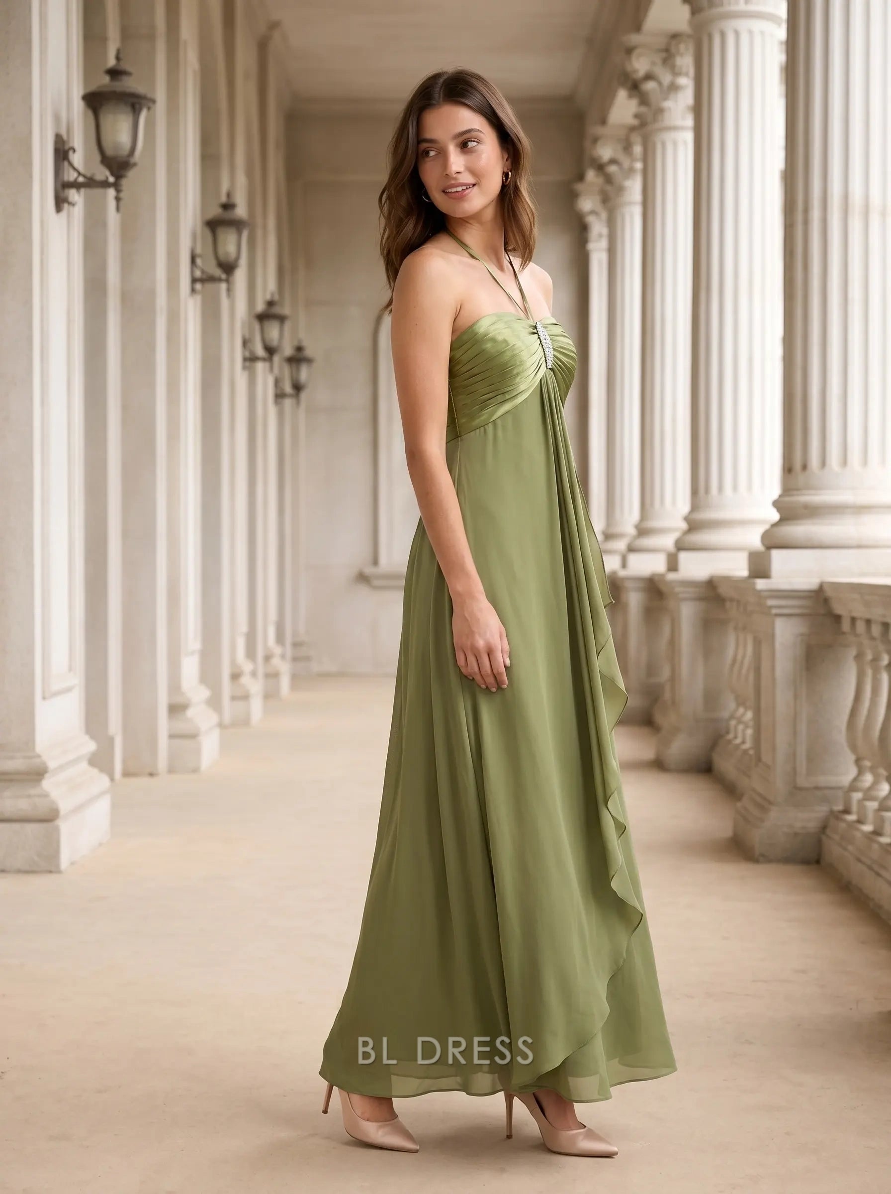 Olive Green Halter Neck Satin Ruched Bodice Rhinestone Detail Flowy Chiffon Formal Evening Prom Dress