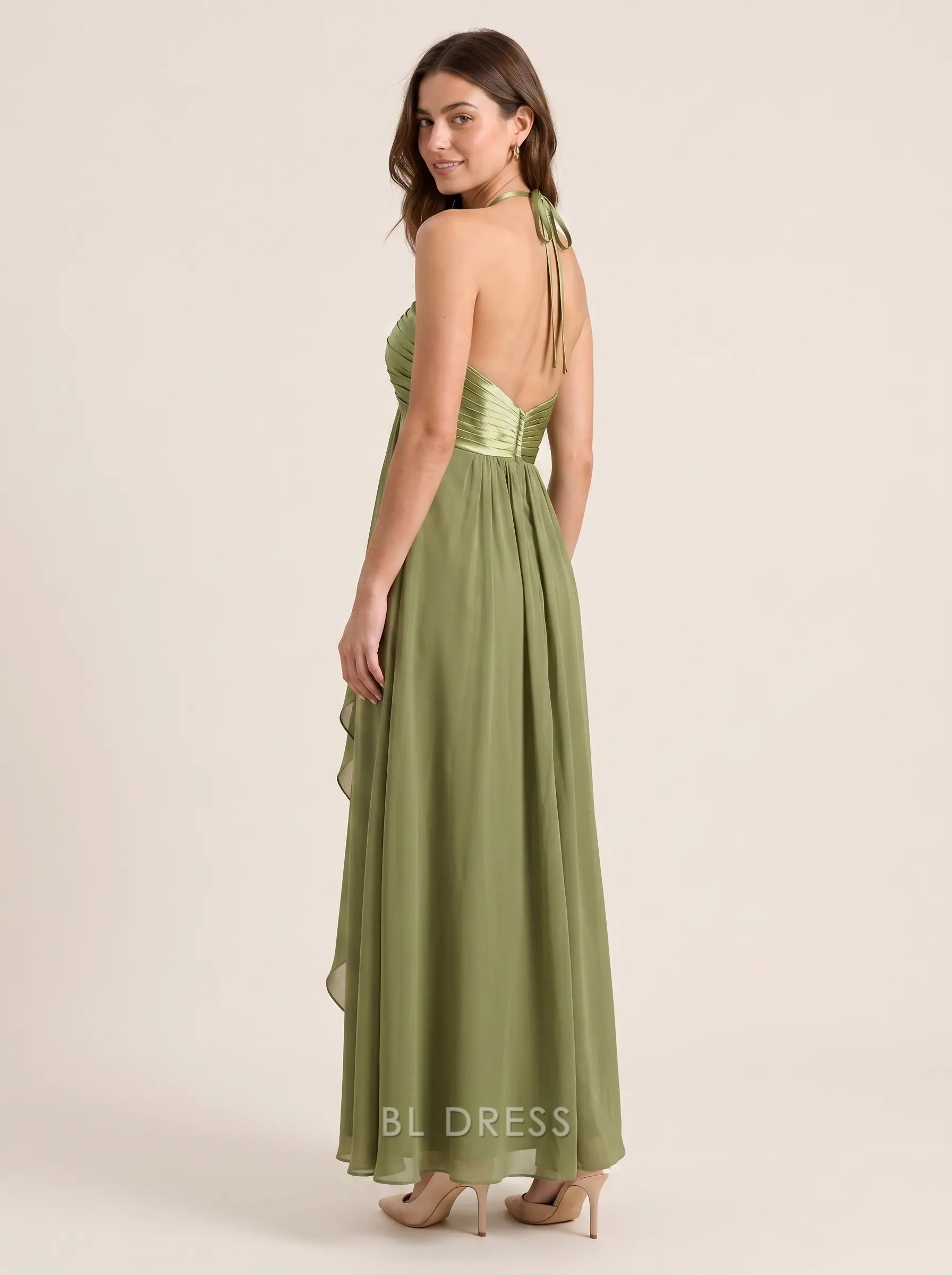 Olive Green Halter Neck Satin Ruched Bodice Rhinestone Detail Flowy Chiffon Formal Evening Prom Dress