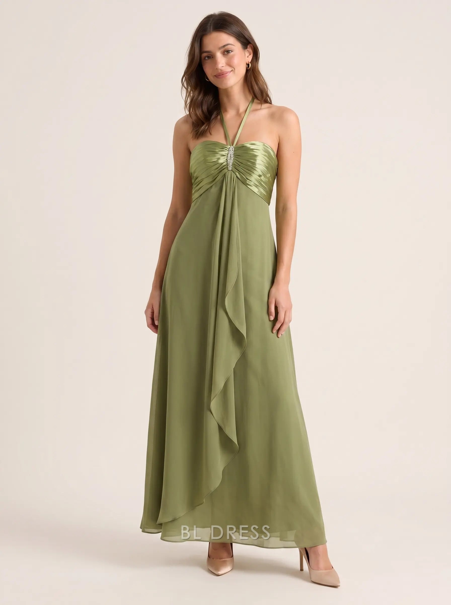 Olive Green Halter Neck Satin Ruched Bodice Rhinestone Detail Flowy Chiffon Formal Evening Prom Dress