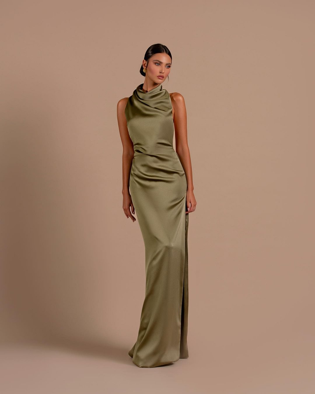 Olive Green High Neck Satin Prom Dress with Sleeveless Design and High Slit for Formal Events and Prom Nights