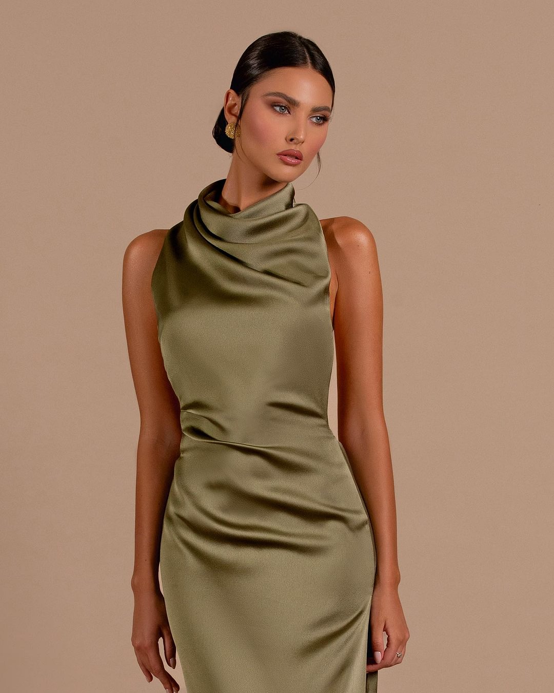 Olive Green High Neck Satin Prom Dress with Sleeveless Design and High Slit for Formal Events and Prom Nights