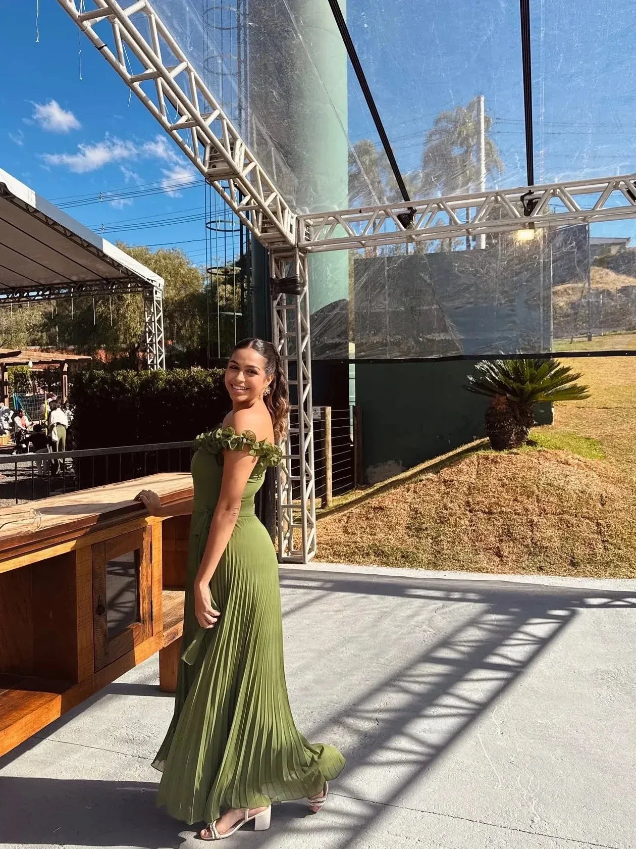 Olive Green Off-the-Shoulder Prom Dress With Pleated Skirt Formal Prom Dress