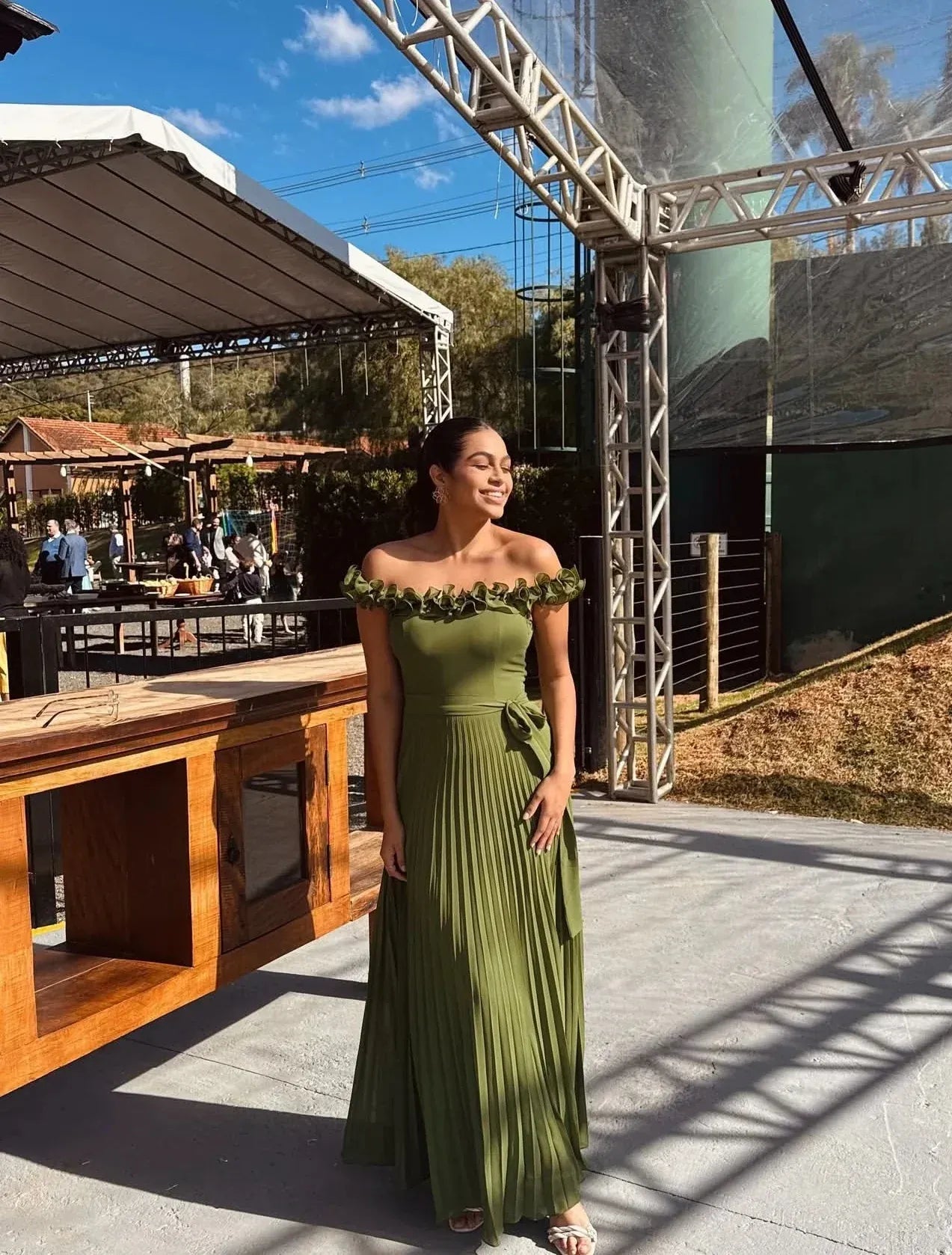 Olive Green Off-the-Shoulder Prom Dress With Pleated Skirt Formal Prom Dress