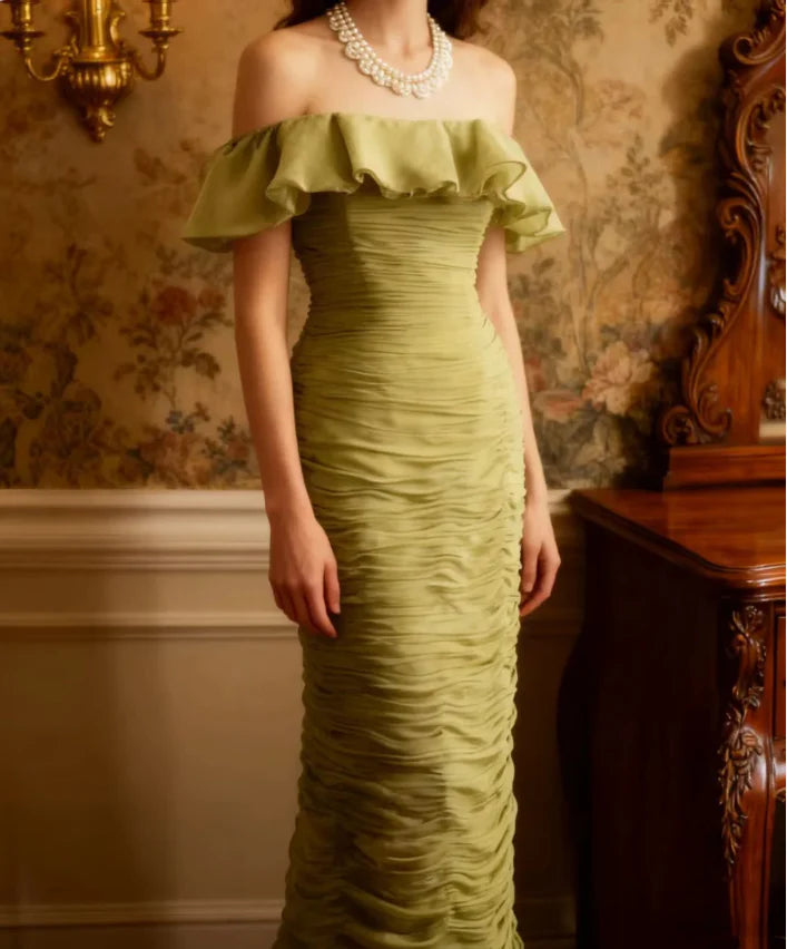 Olive Green Off-the-Shoulder Ruched Chiffon Mermaid Floor Length Prom Dress