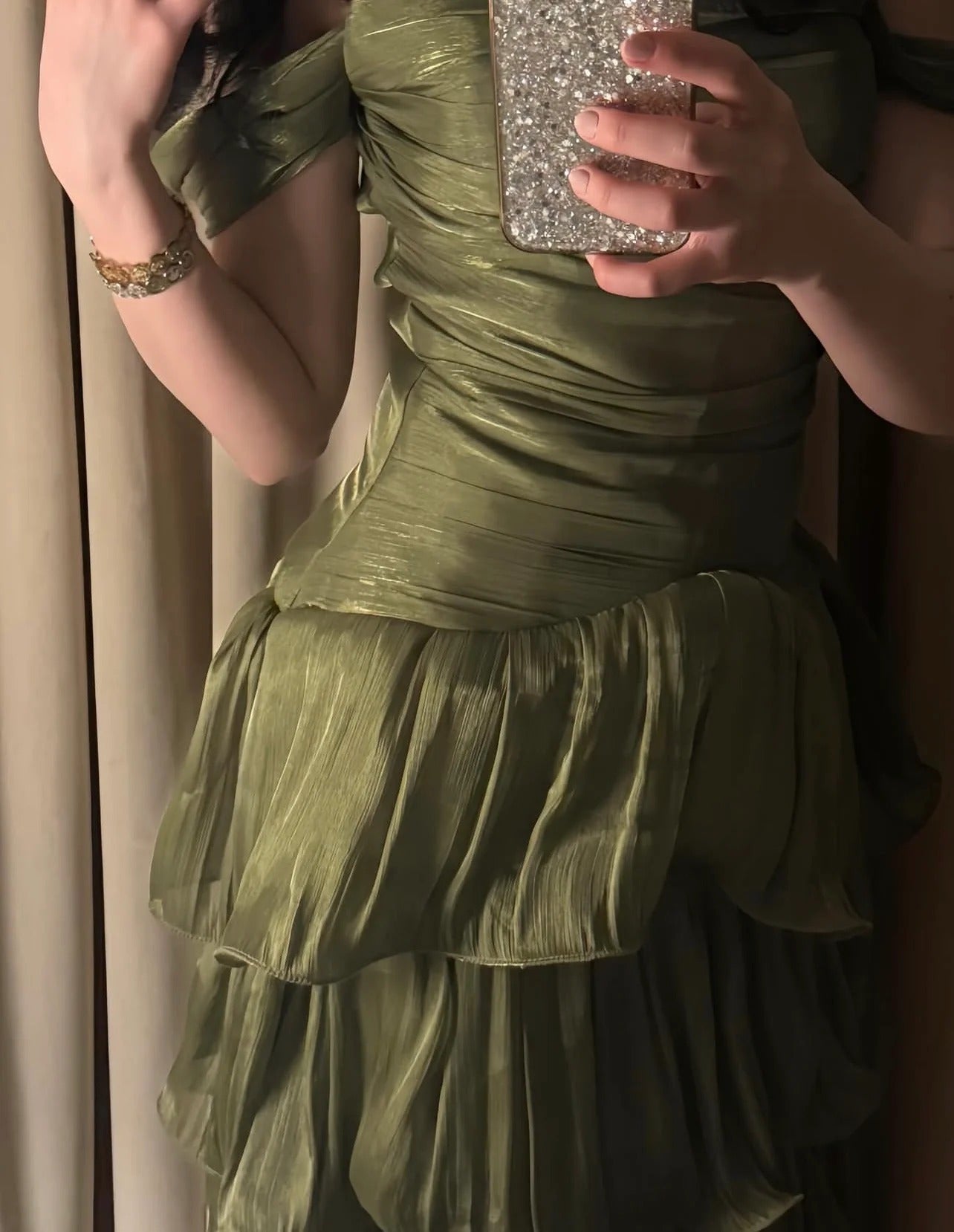 Olive Green Off-the-Shoulder Tiered Midi Prom Dress Formal Prom Dress