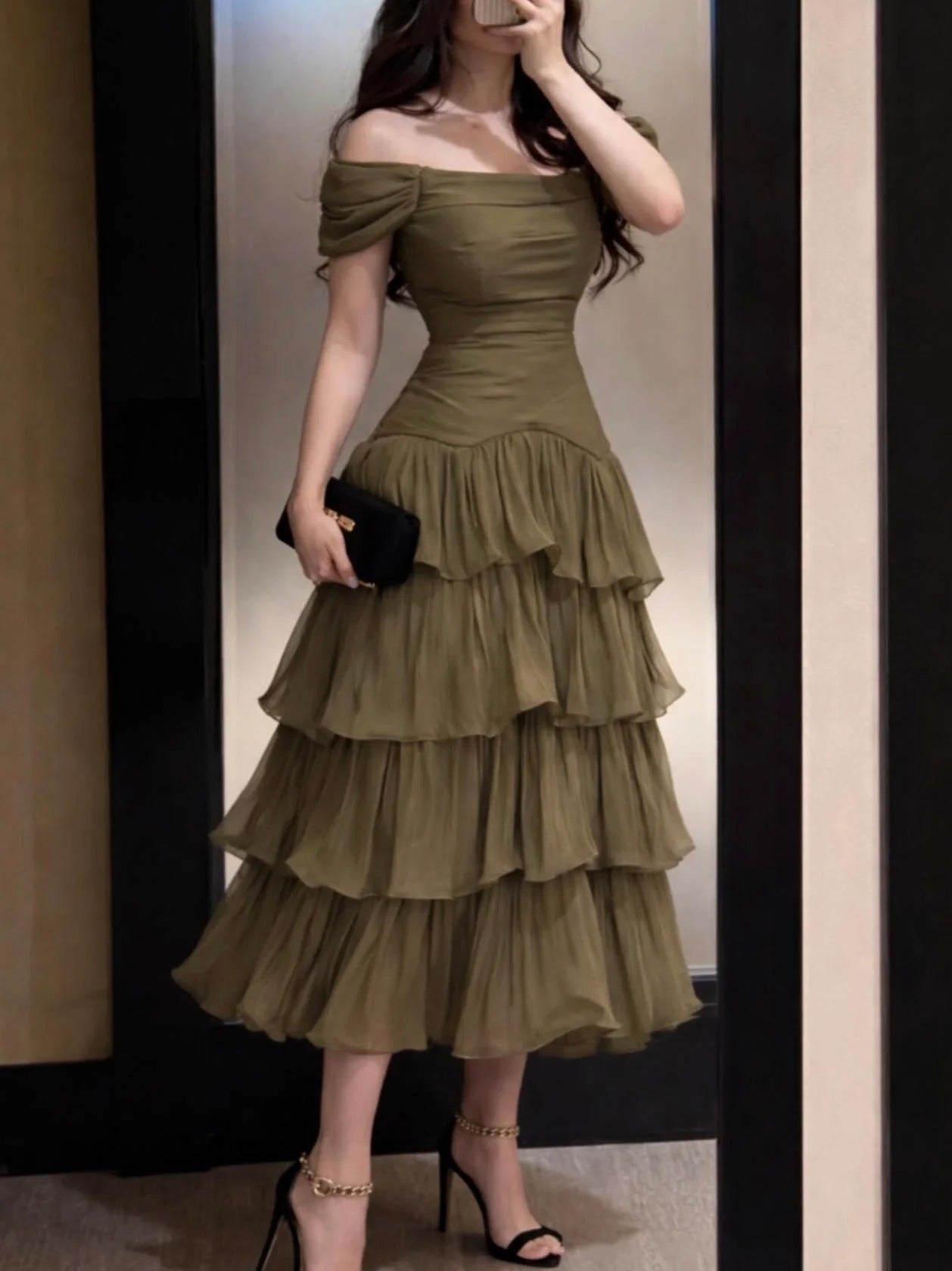 Olive Green Off-the-Shoulder Tiered Midi Prom Dress Formal Prom Dress