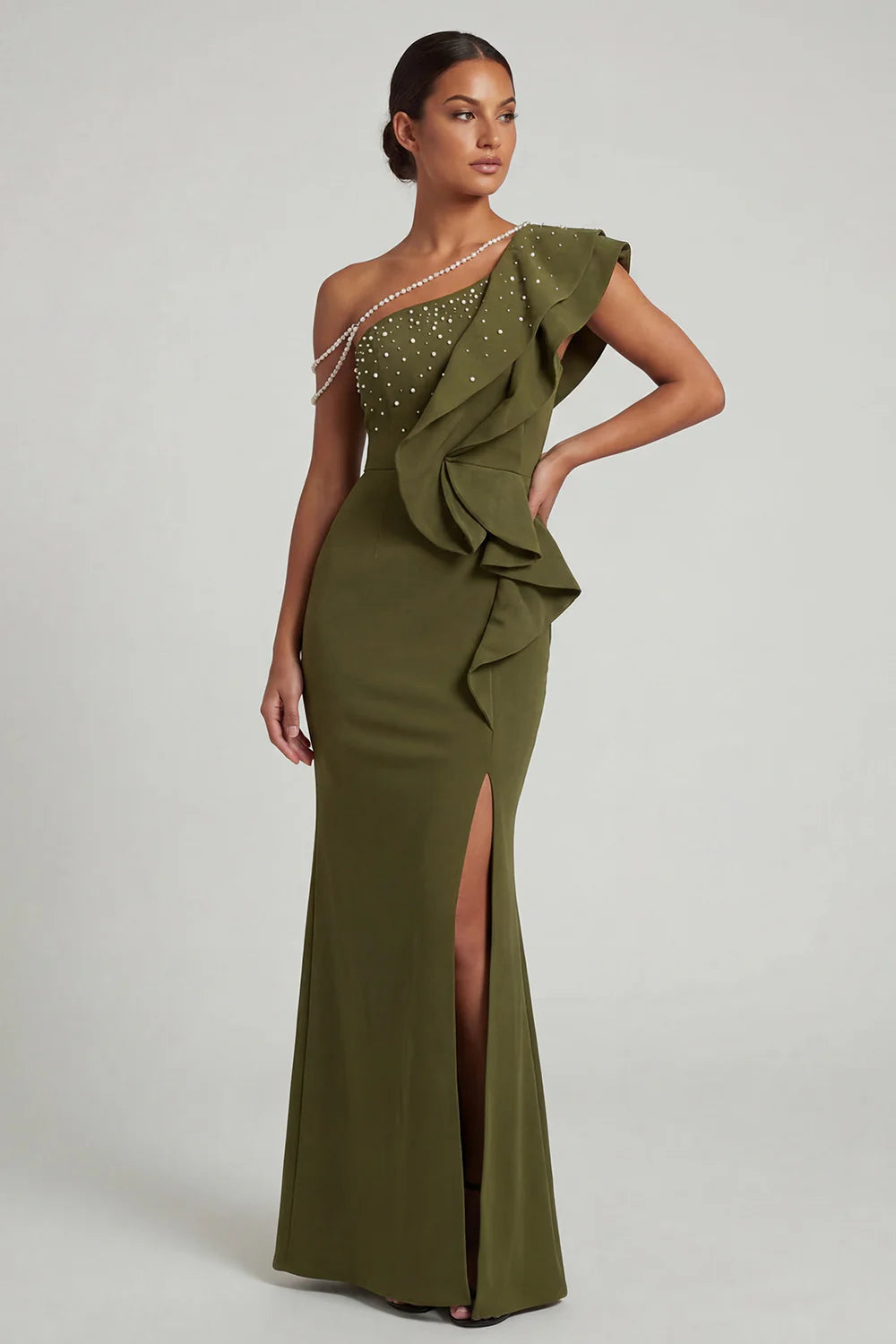 Olive Green One Shoulder Prom Dress With Pearl Strap And Ruffled Mermaid Skirt Formal Prom Dress