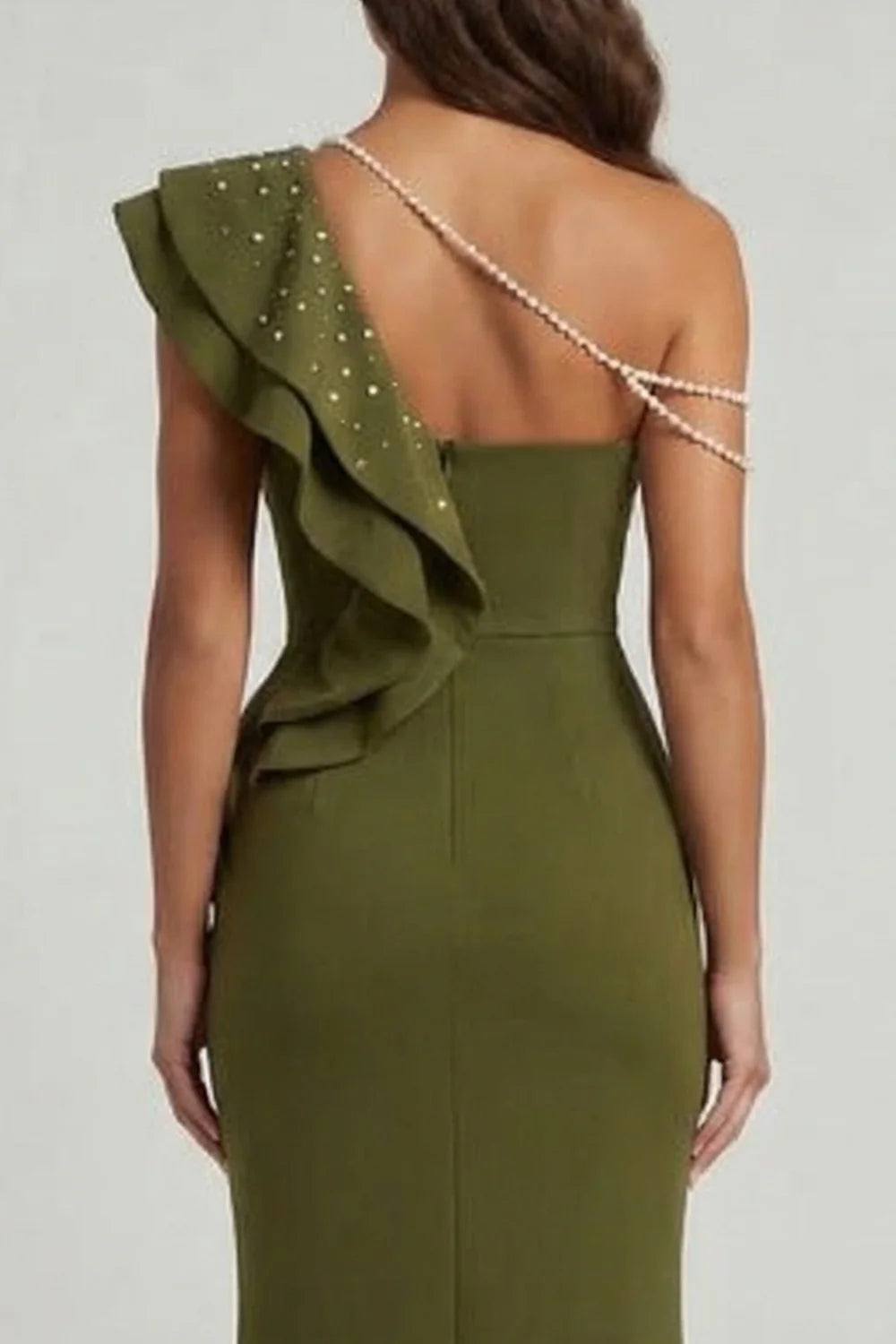 Olive Green One Shoulder Prom Dress With Pearl Strap And Ruffled Mermaid Skirt Formal Prom Dress