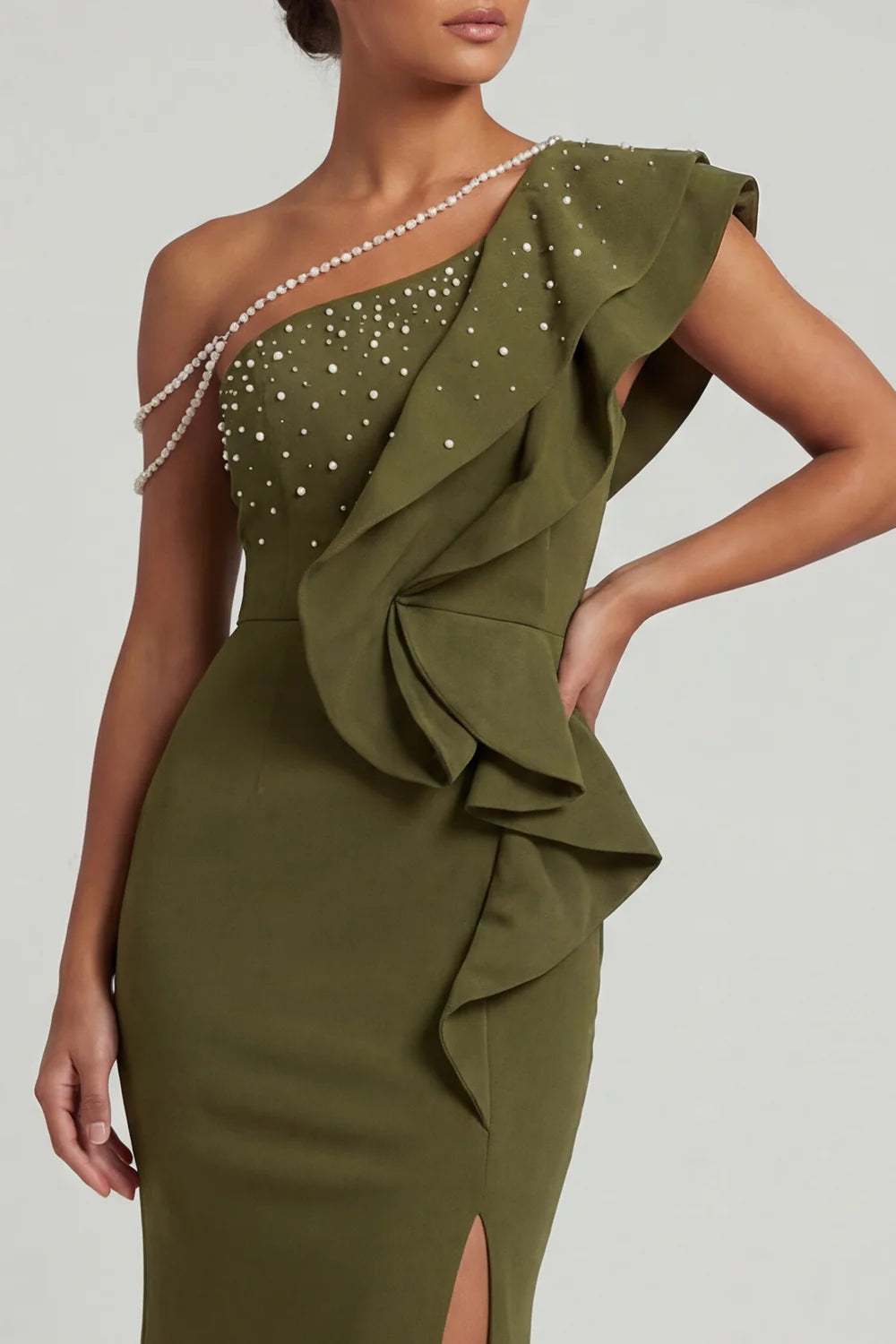 Olive Green One Shoulder Prom Dress With Pearl Strap And Ruffled Mermaid Skirt Formal Prom Dress