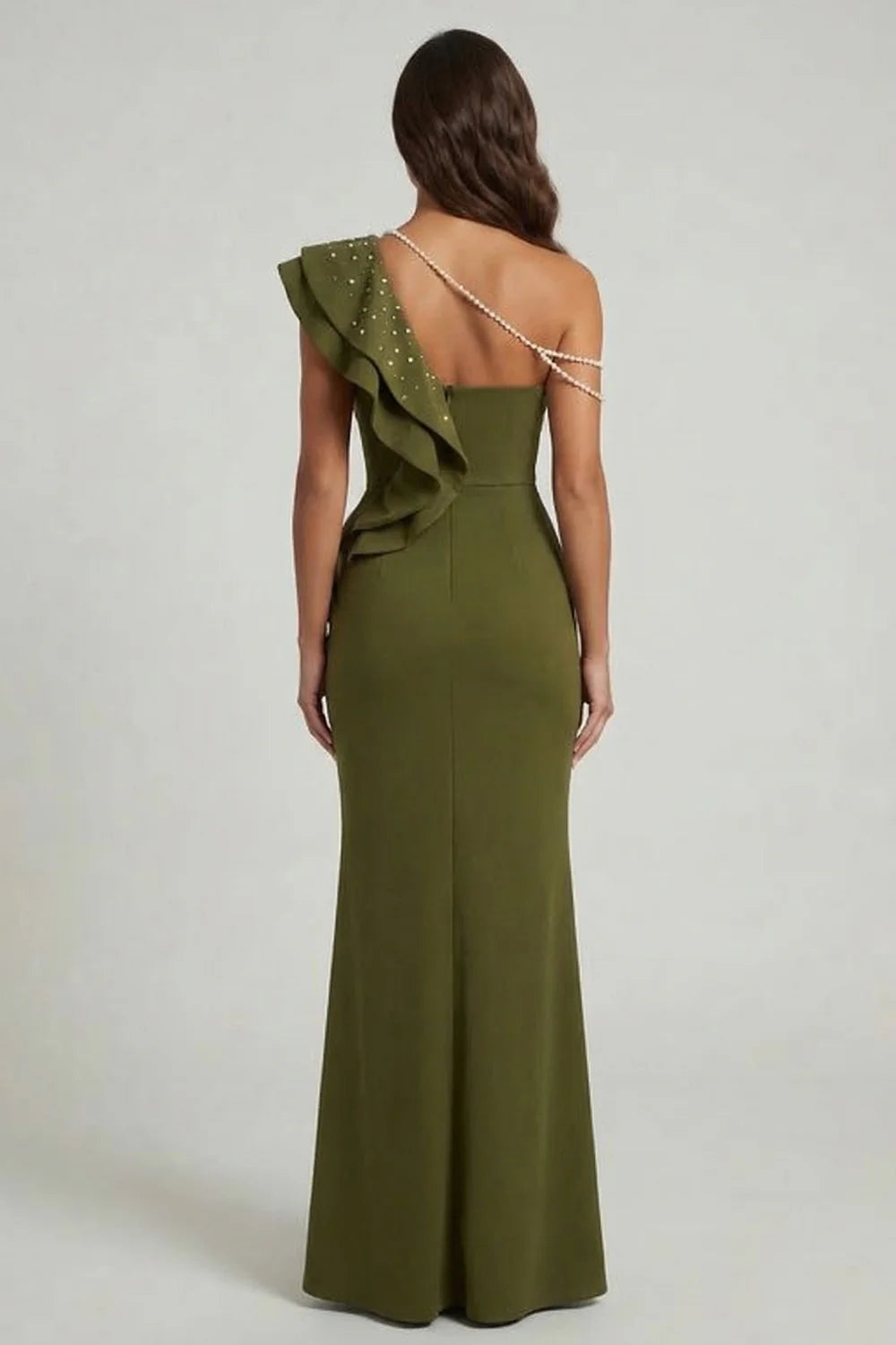 Olive Green One Shoulder Prom Dress With Pearl Strap And Ruffled Mermaid Skirt Formal Prom Dress