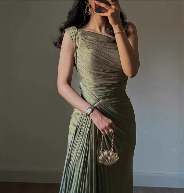 Olive Green One Shoulder Ruched Mermaid High Slit Metallic Chiffon Prom Dress