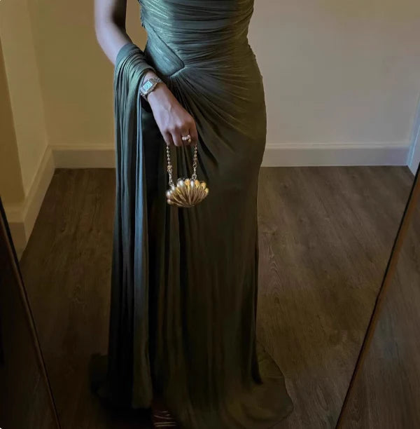 Olive Green One Shoulder Ruched Mermaid High Slit Metallic Chiffon Prom Dress