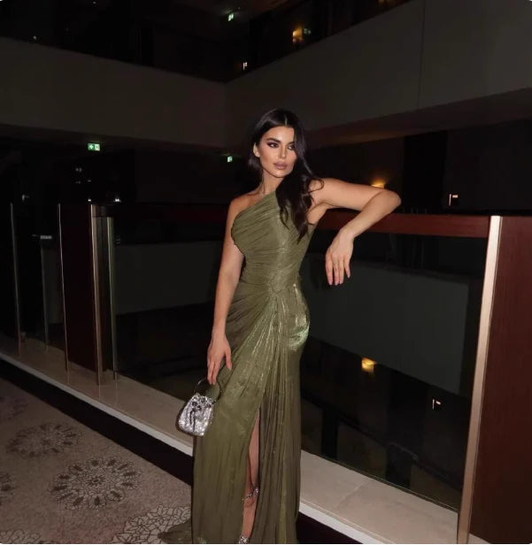 Olive Green One Shoulder Ruched Mermaid High Slit Metallic Chiffon Prom Dress