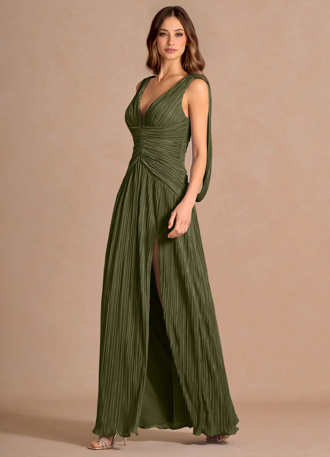 Olive Green Pleated A Line Prom Dress with Deep V Neck Draped Back and High Slit for Formal Events and Evening Occasions