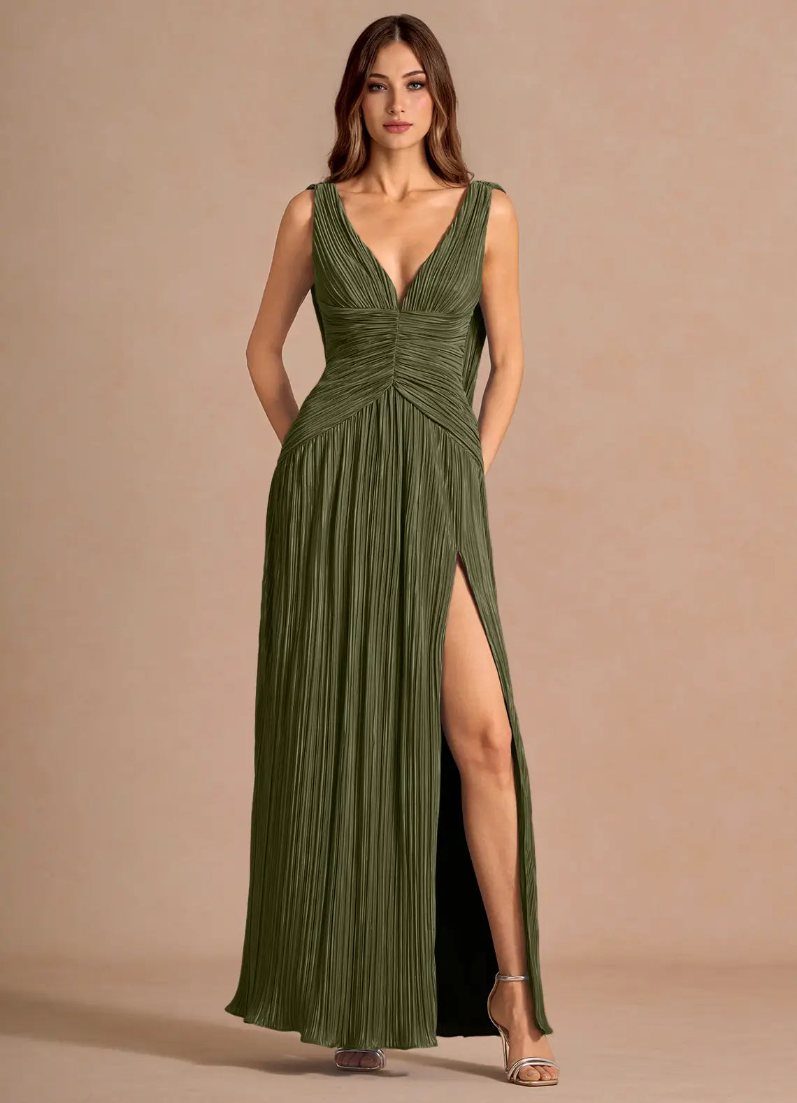 Olive Green Pleated A Line Prom Dress with Deep V Neck Draped Back and High Slit for Formal Events and Evening Occasions