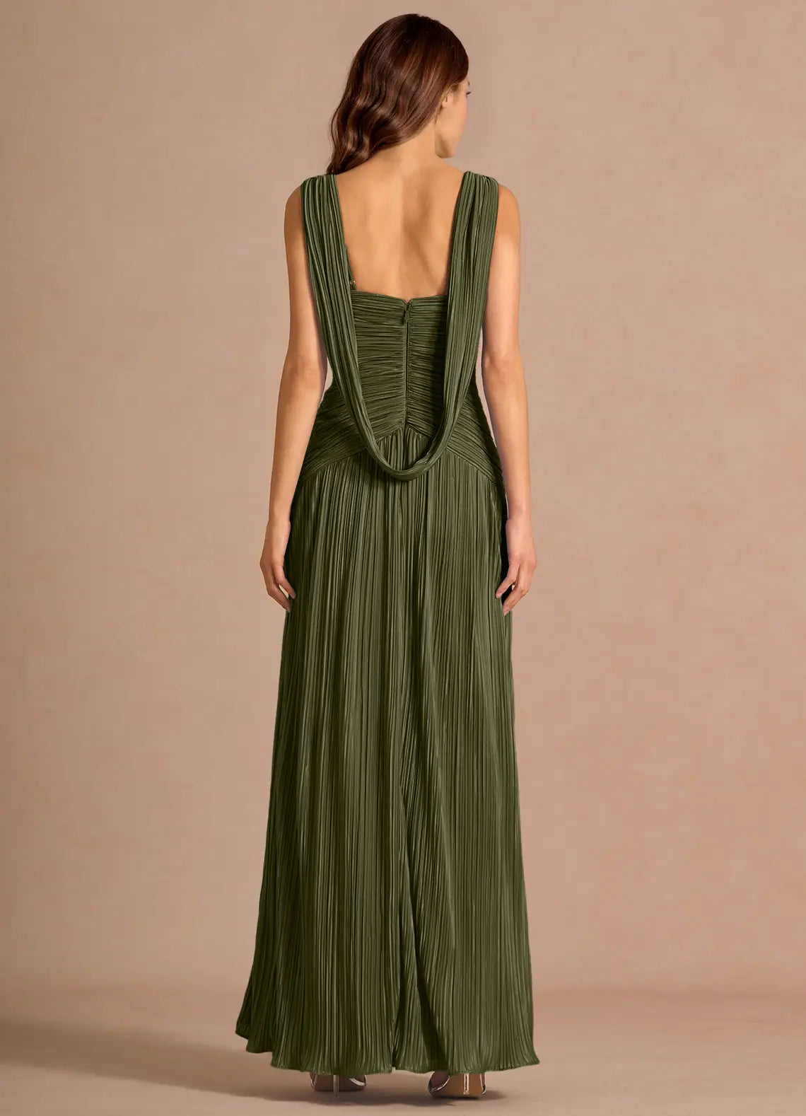 Olive Green Pleated A Line Prom Dress with Deep V Neck Draped Back and High Slit for Formal Events and Evening Occasions