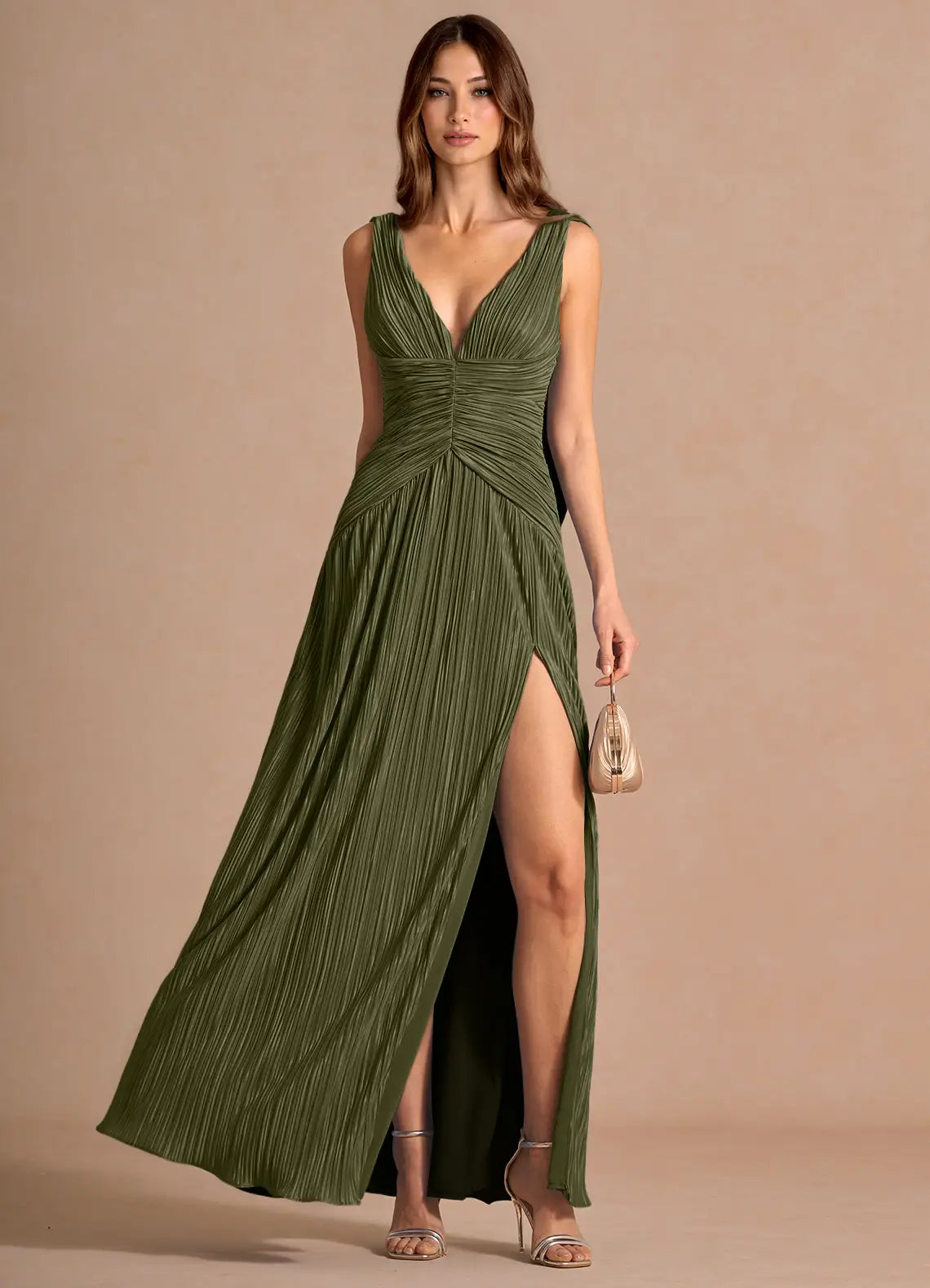 Olive Green Pleated A Line Prom Dress with Deep V Neck Draped Back and High Slit for Formal Events and Evening Occasions