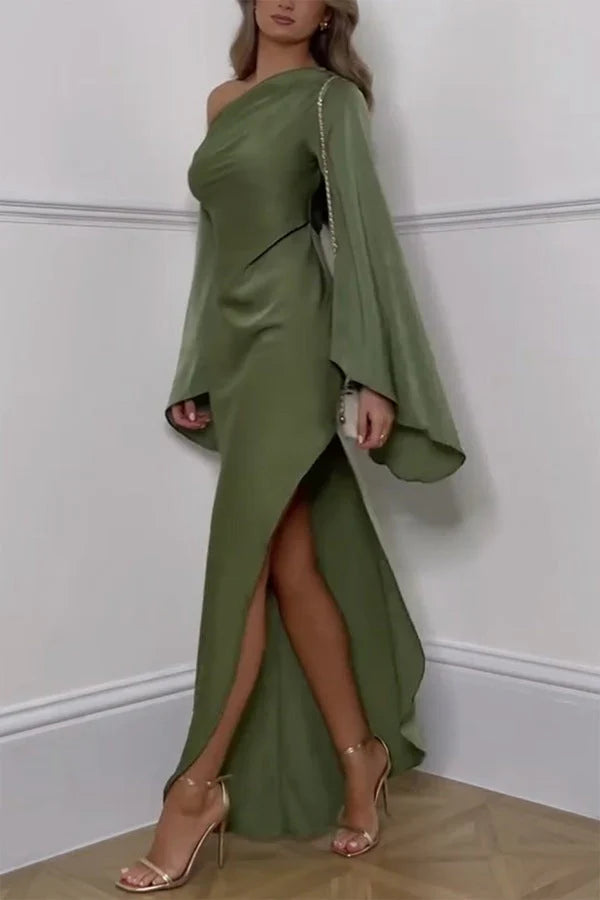 Olive Green Satin One Shoulder Flare Sleeve High Slit Floor Length Formal Evening Prom Dress