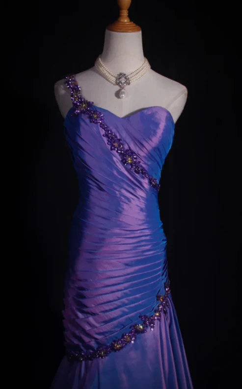 One-Shoulder Beaded Ruched Satin Mermaid Evening Dress with Open Back