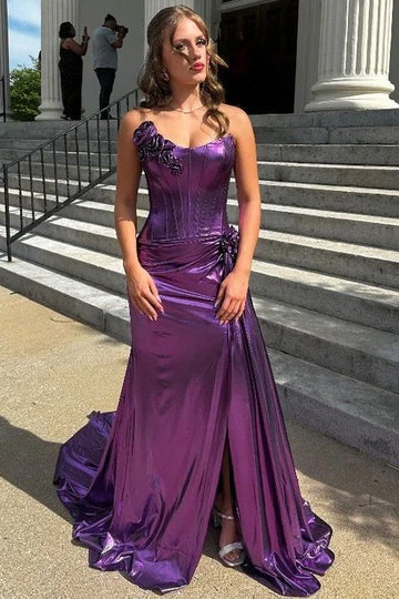 One-Shoulder Metallic Satin Mermaid Evening Dress with 3D Floral Applique, Ruched Waist and High Slit