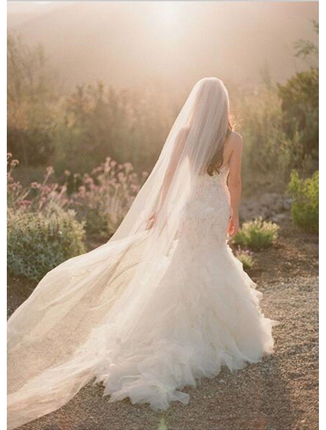 Bride wearing a one-tier chapel wedding veil with a flower comb.