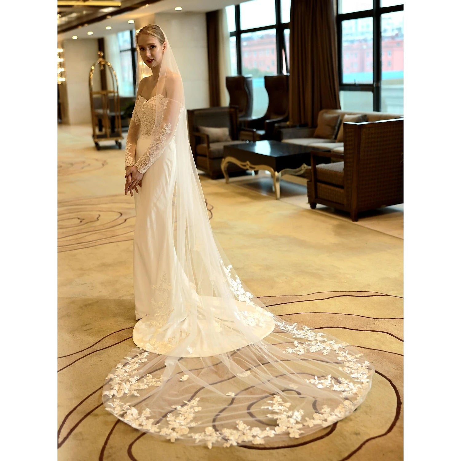 Close-up of delicate embroidery on a wedding veil.