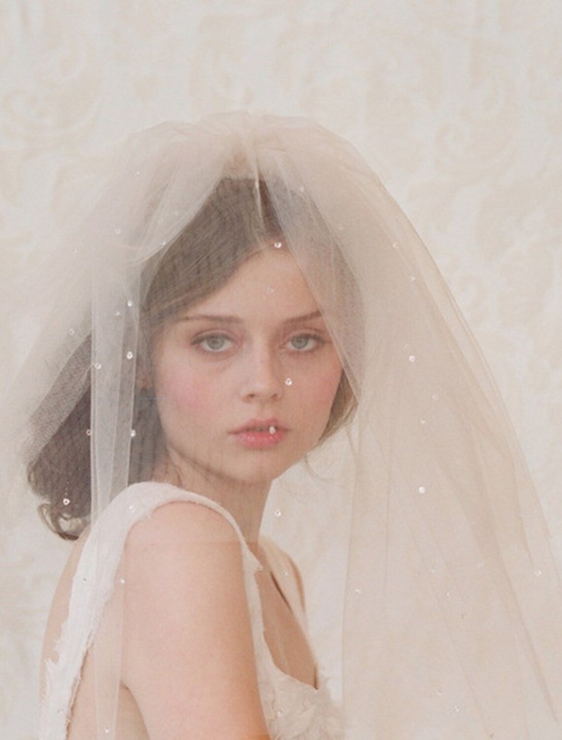 Back view of a bride showcasing the elegant drape of the 60cm shoulder-length tulle veil.