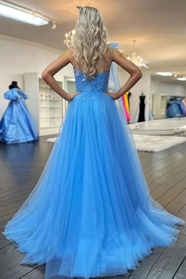 A-line One Shoulder Lace Long Prom Dresses with Slit