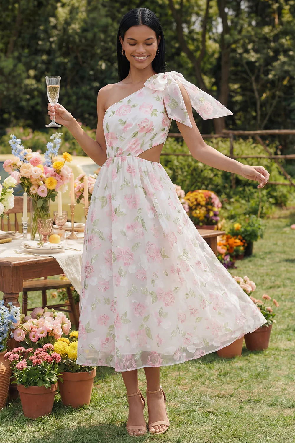 One Shoulder Bow Detail Floral Print Midi Dress with Waist Cutout Prom Dress