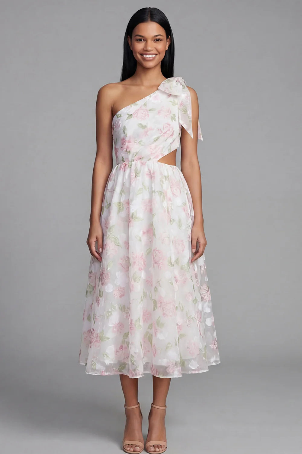 One Shoulder Bow Detail Floral Print Midi Dress with Waist Cutout Prom Dress