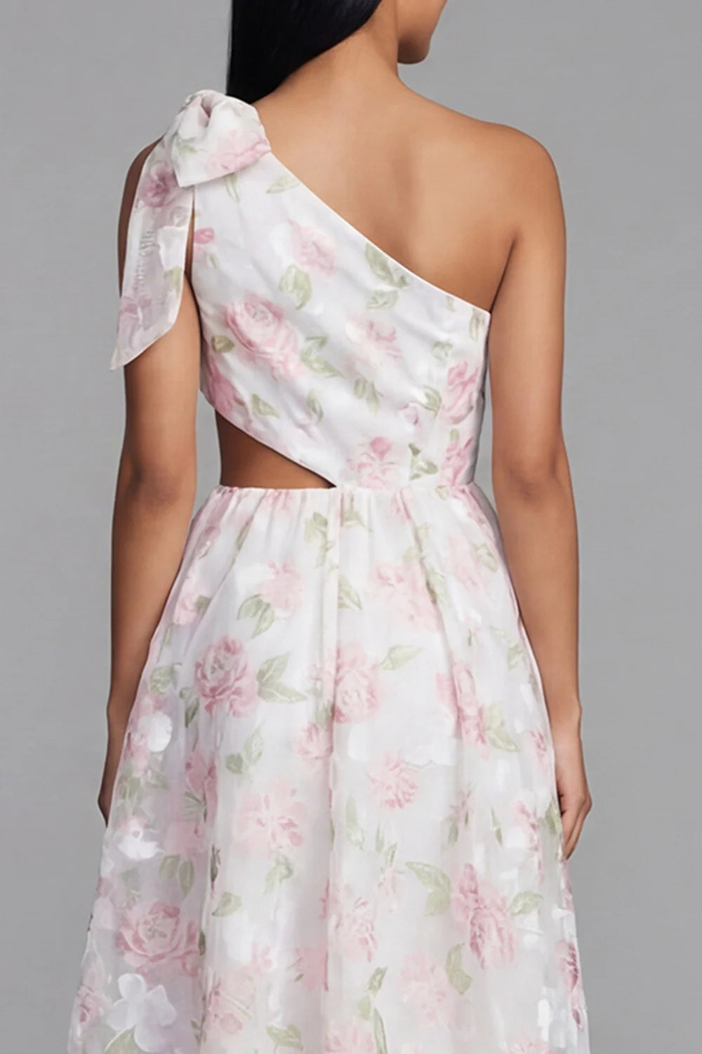 One Shoulder Bow Detail Floral Print Midi Dress with Waist Cutout Prom Dress