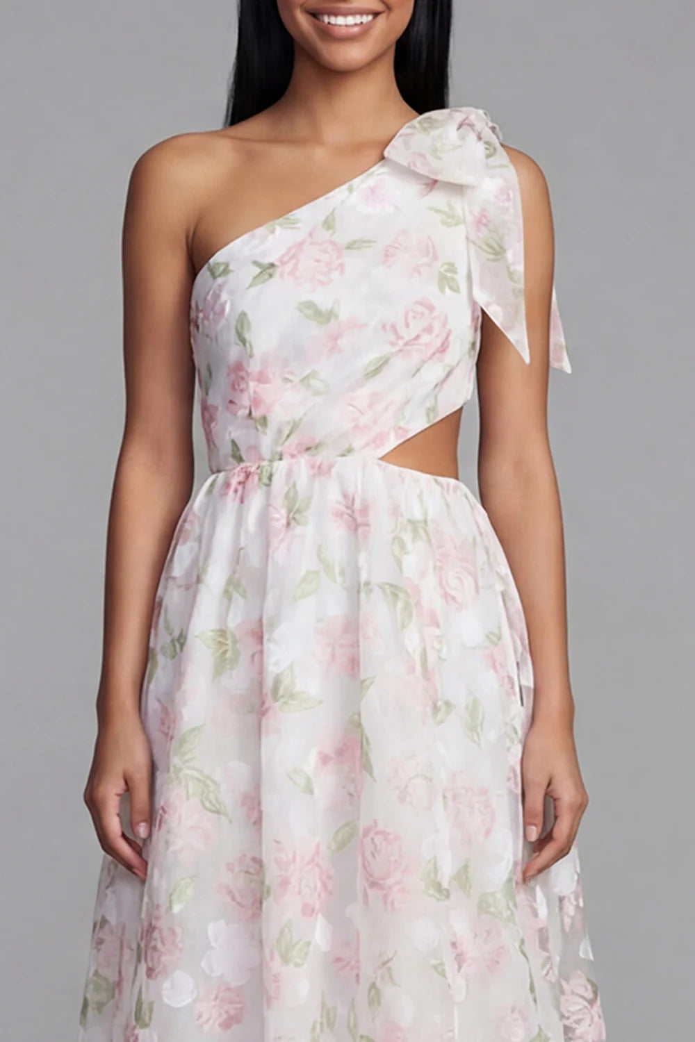 One Shoulder Bow Detail Floral Print Midi Dress with Waist Cutout Prom Dress