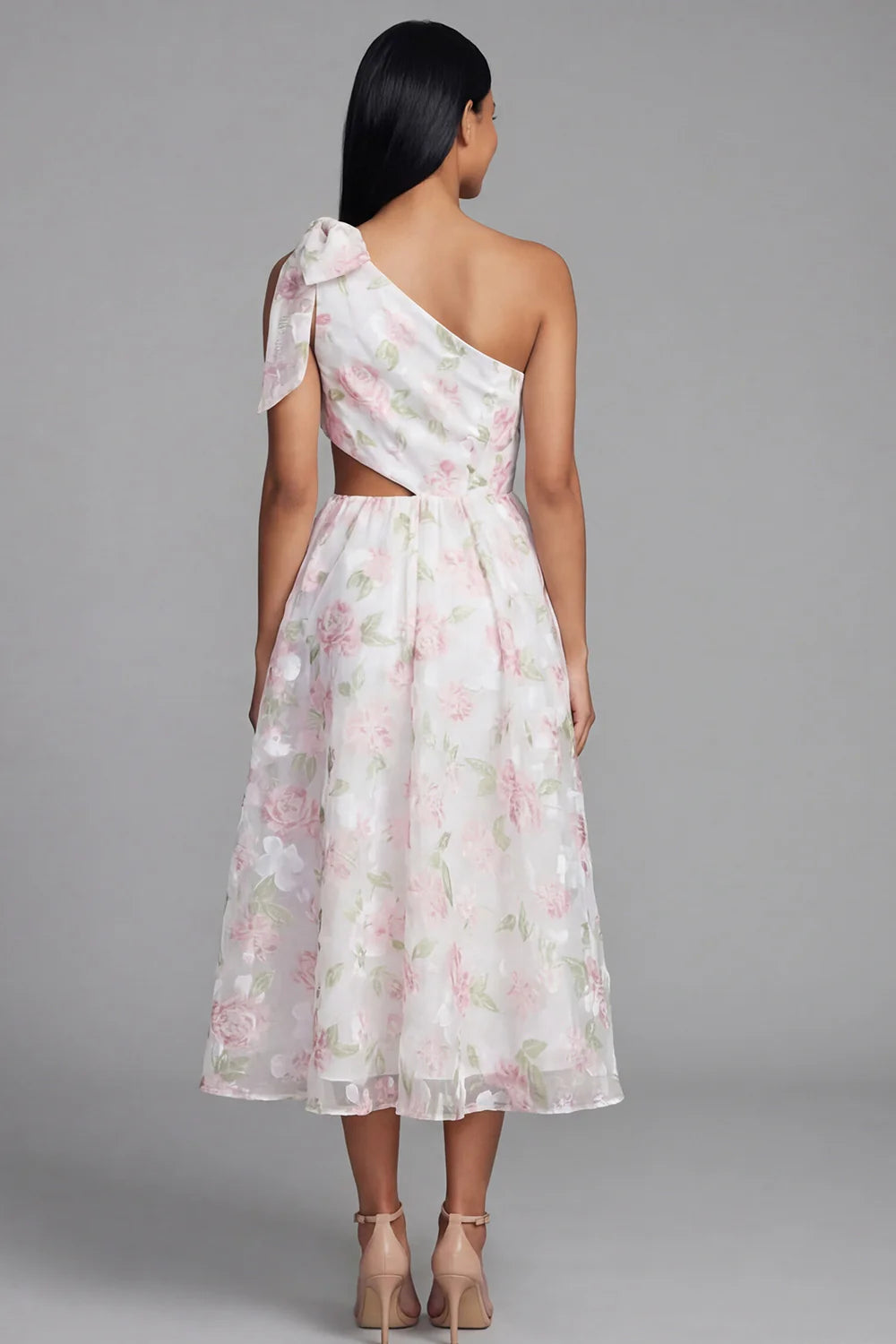 One Shoulder Bow Detail Floral Print Midi Dress with Waist Cutout Prom Dress