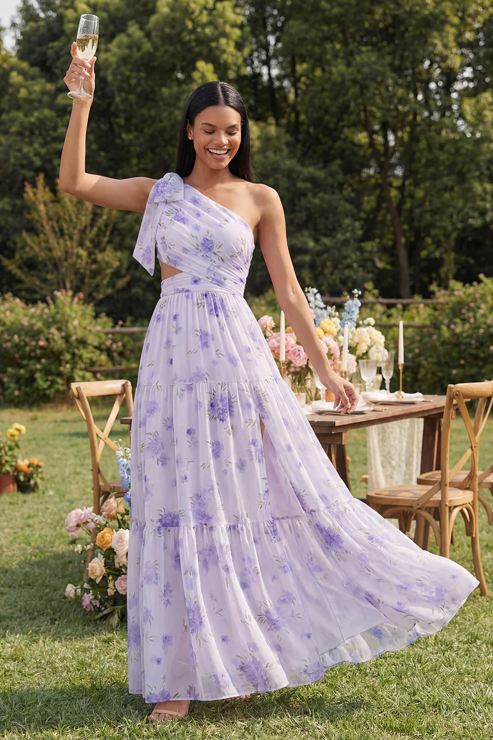 One Shoulder Bow Detail Lavender Floral Print Tiered Maxi Dress with Waist Cutout and Side Slit Prom Dress
