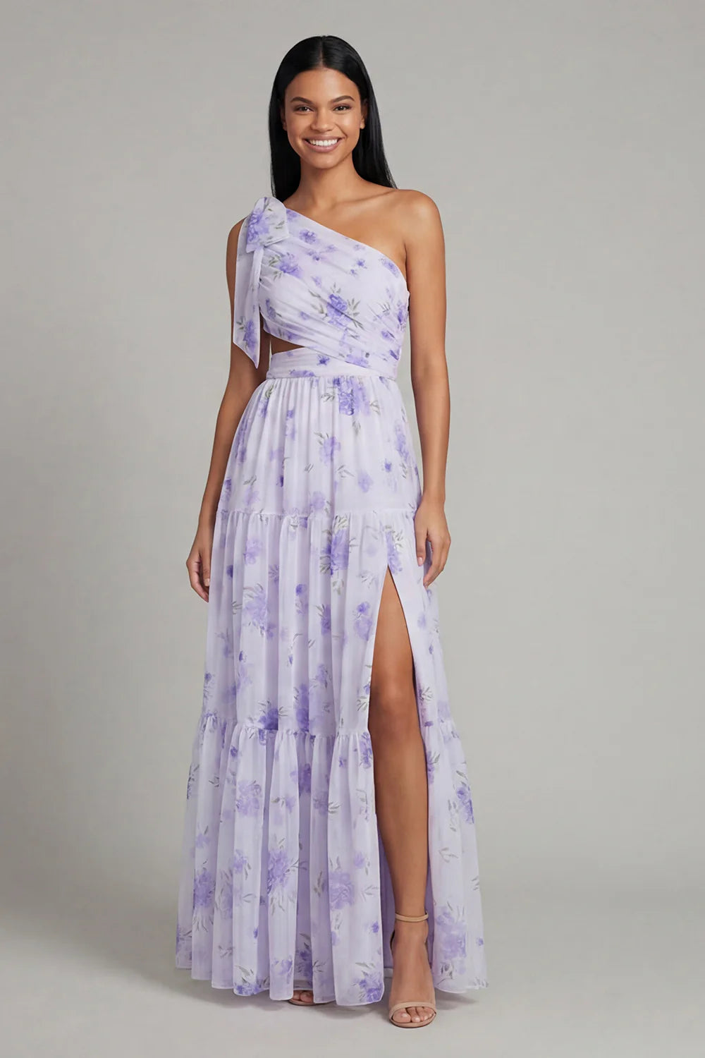 One Shoulder Bow Detail Lavender Floral Print Tiered Maxi Dress with Waist Cutout and Side Slit Prom Dress