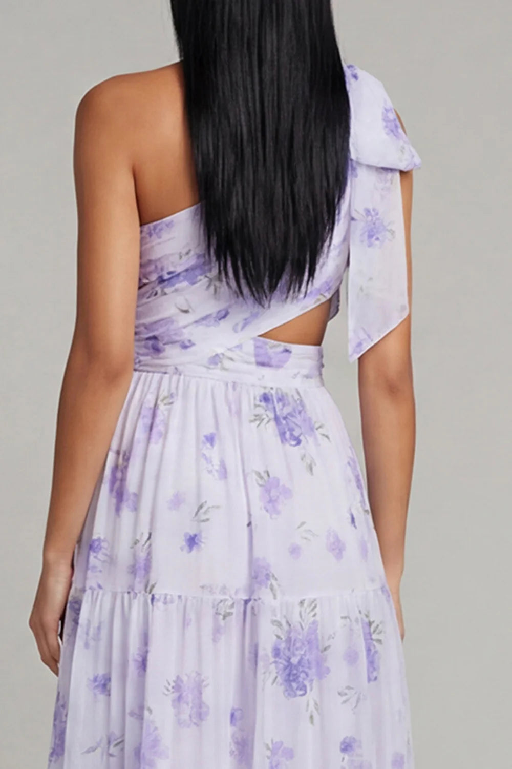 One Shoulder Bow Detail Lavender Floral Print Tiered Maxi Dress with Waist Cutout and Side Slit Prom Dress