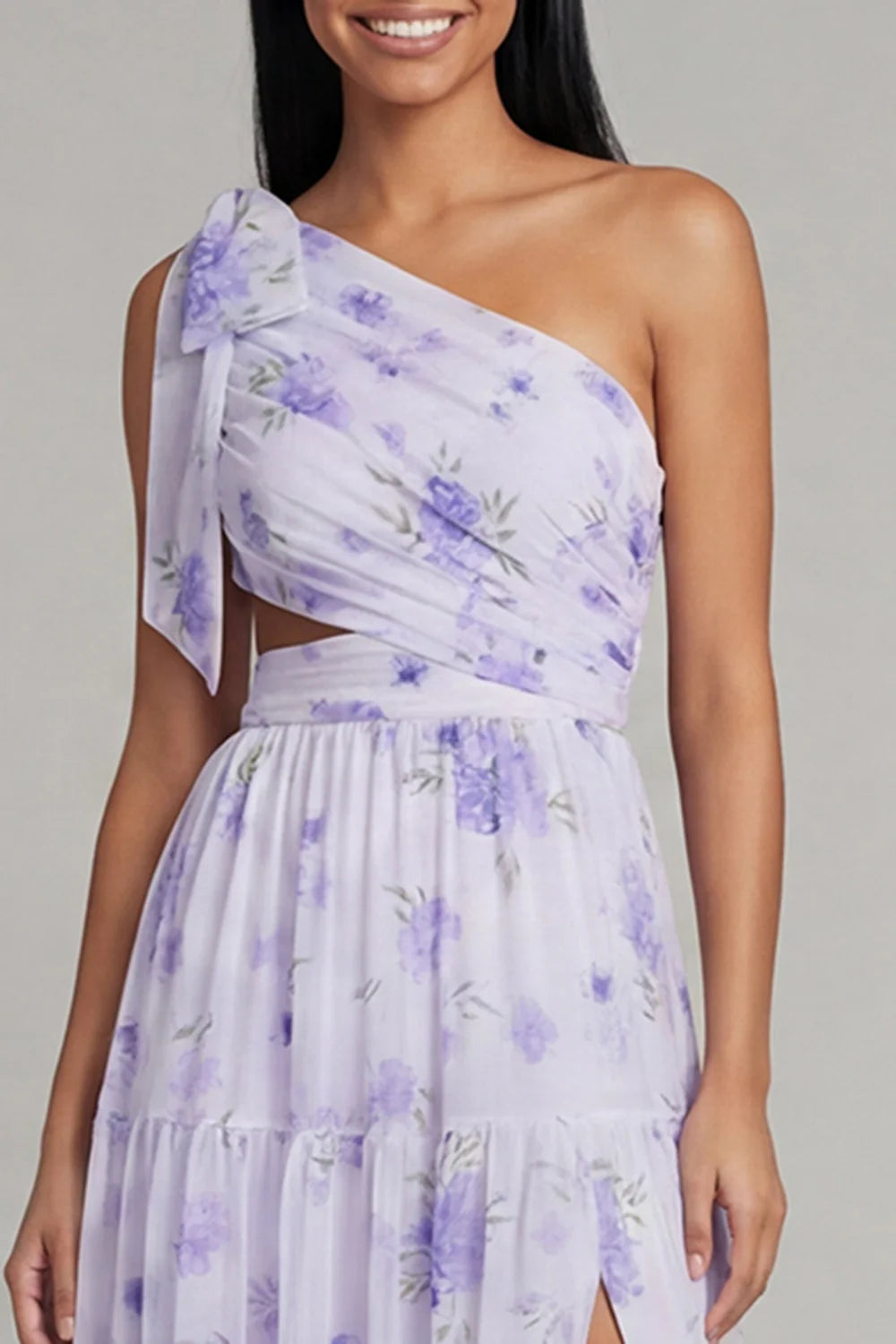 One Shoulder Bow Detail Lavender Floral Print Tiered Maxi Dress with Waist Cutout and Side Slit Prom Dress