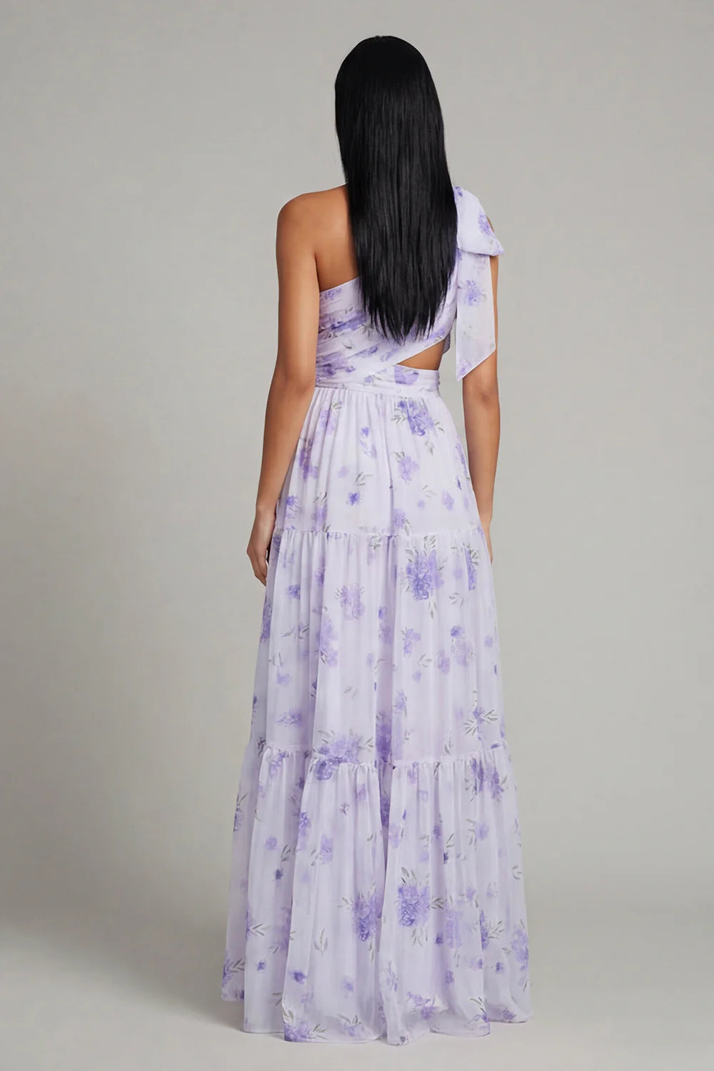 One Shoulder Bow Detail Lavender Floral Print Tiered Maxi Dress with Waist Cutout and Side Slit Prom Dress