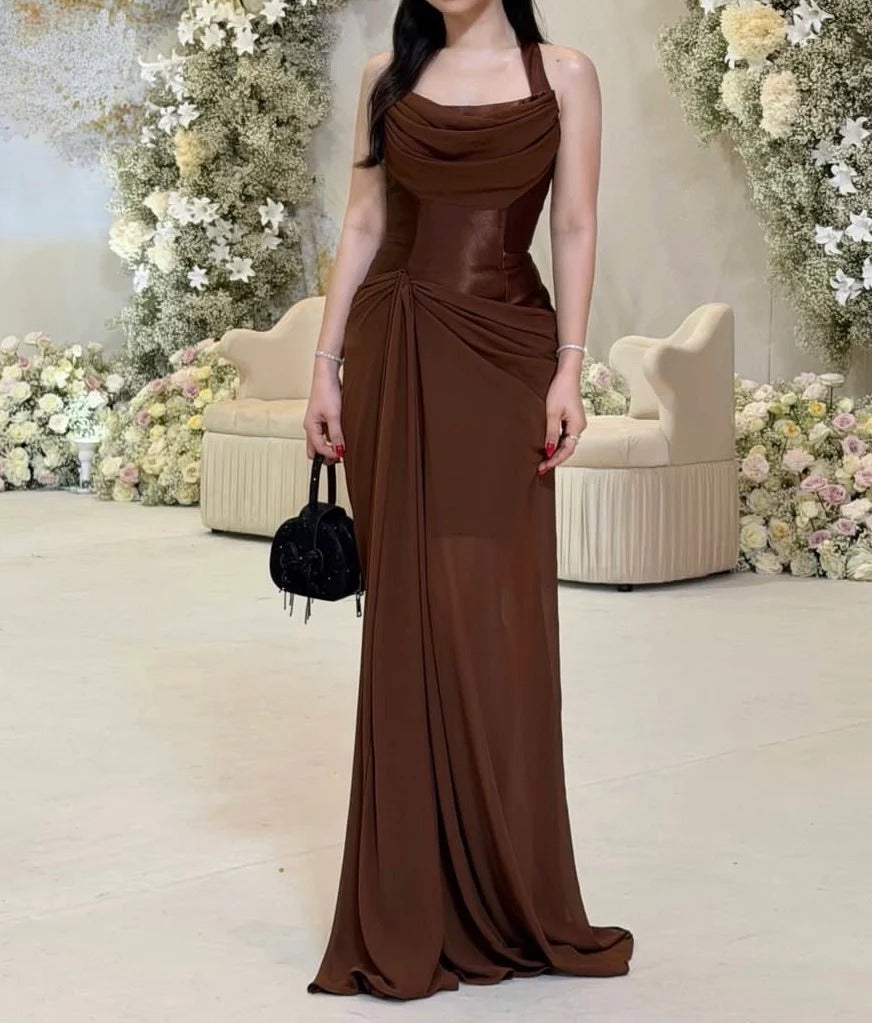 One Shoulder Cowl Neck Ruched Waist Satin Chiffon High Slit Maxi Evening Dresses