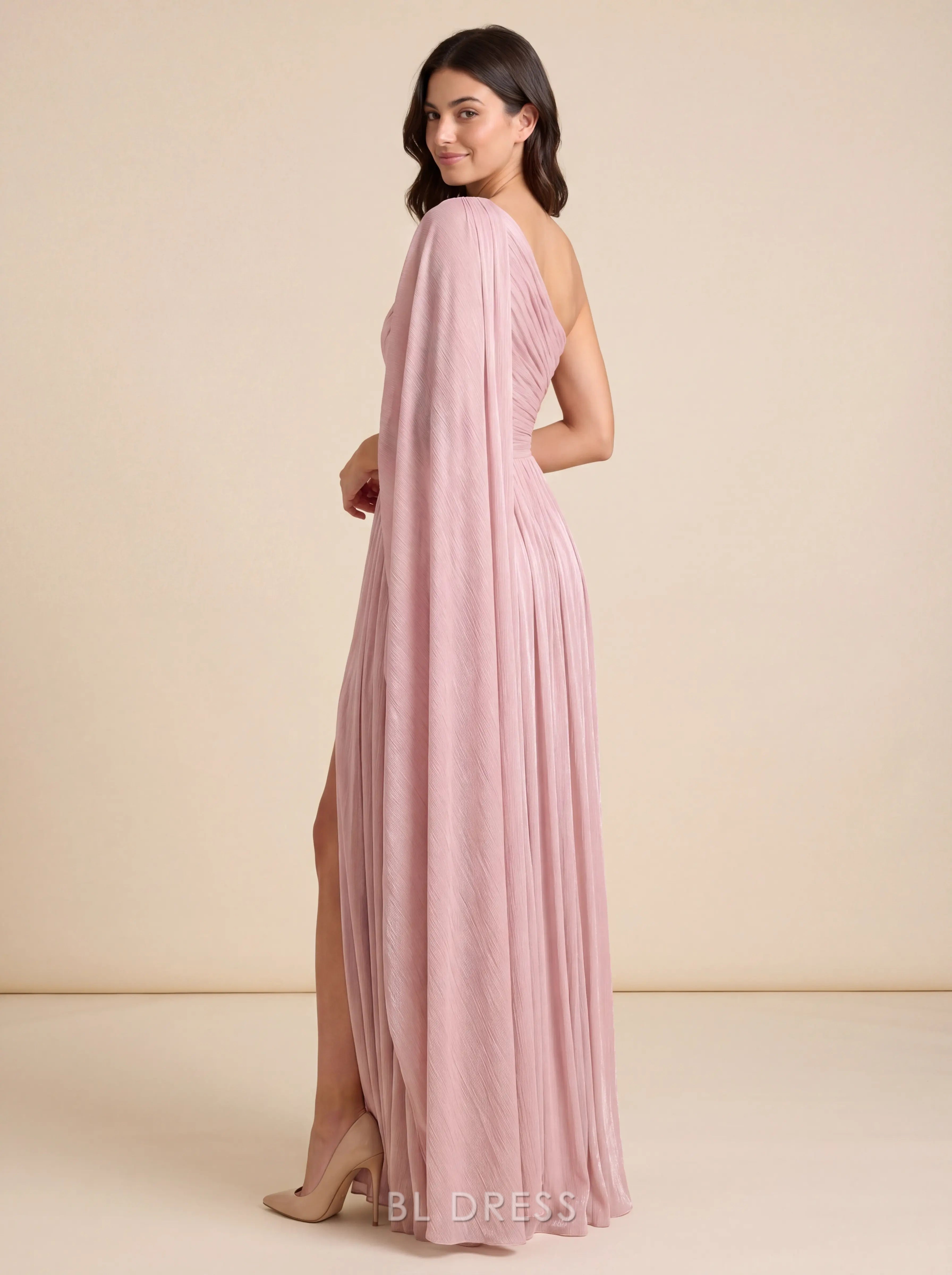 One Shoulder Draped Sleeve Pleated Shimmer Fabric High Slit Floor Length A Line Prom Dress