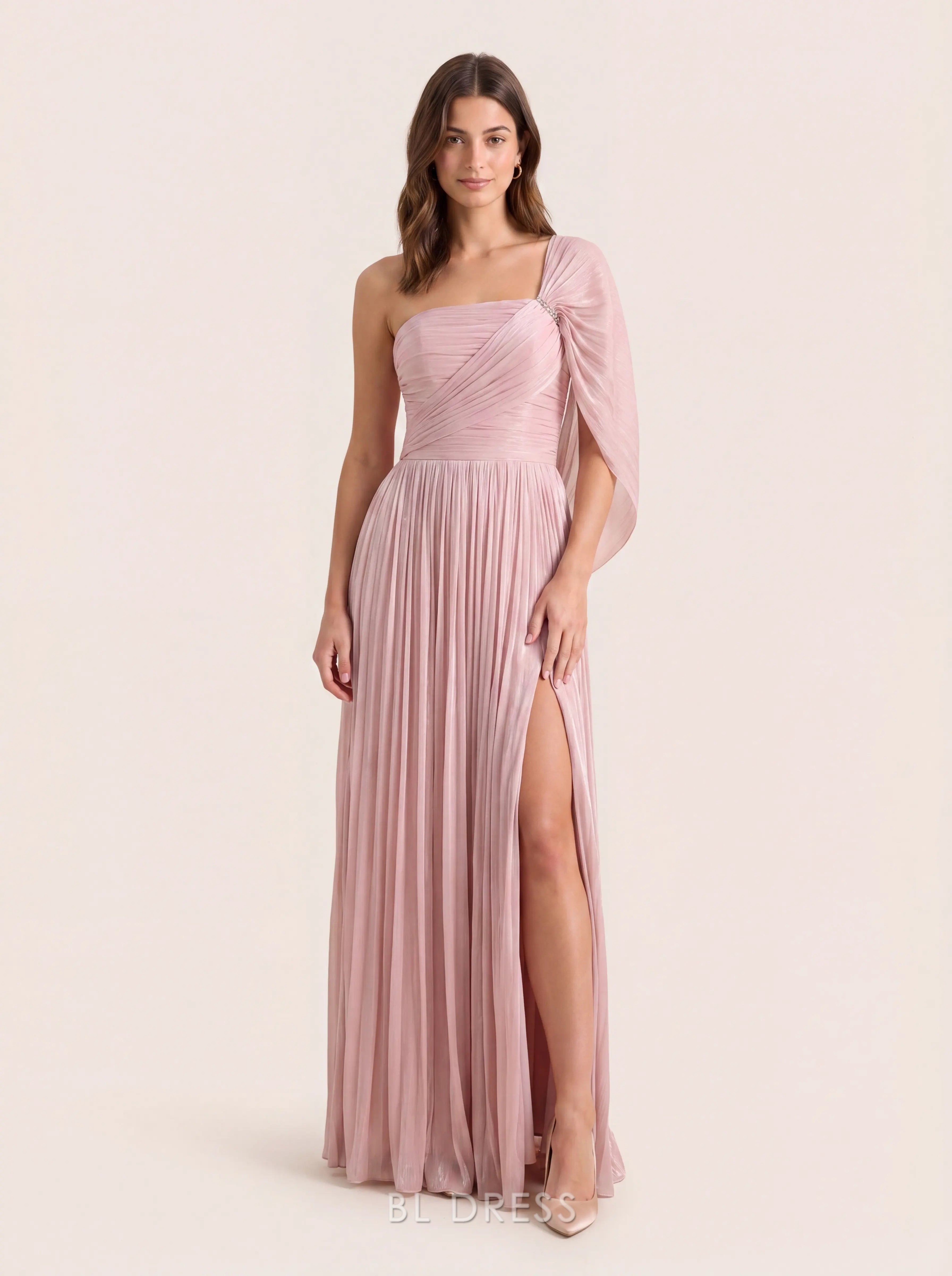 One Shoulder Draped Sleeve Pleated Shimmer Fabric High Slit Floor Length A Line Prom Dress