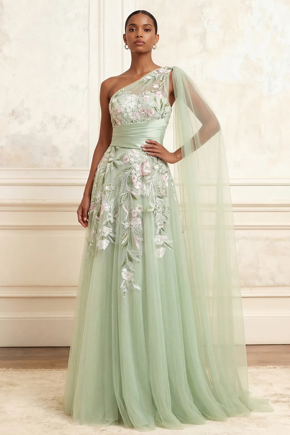 One Shoulder Floral Embroidered A-Line Gown with Satin Waist Sash and Detachable Tulle Cape Prom Dress