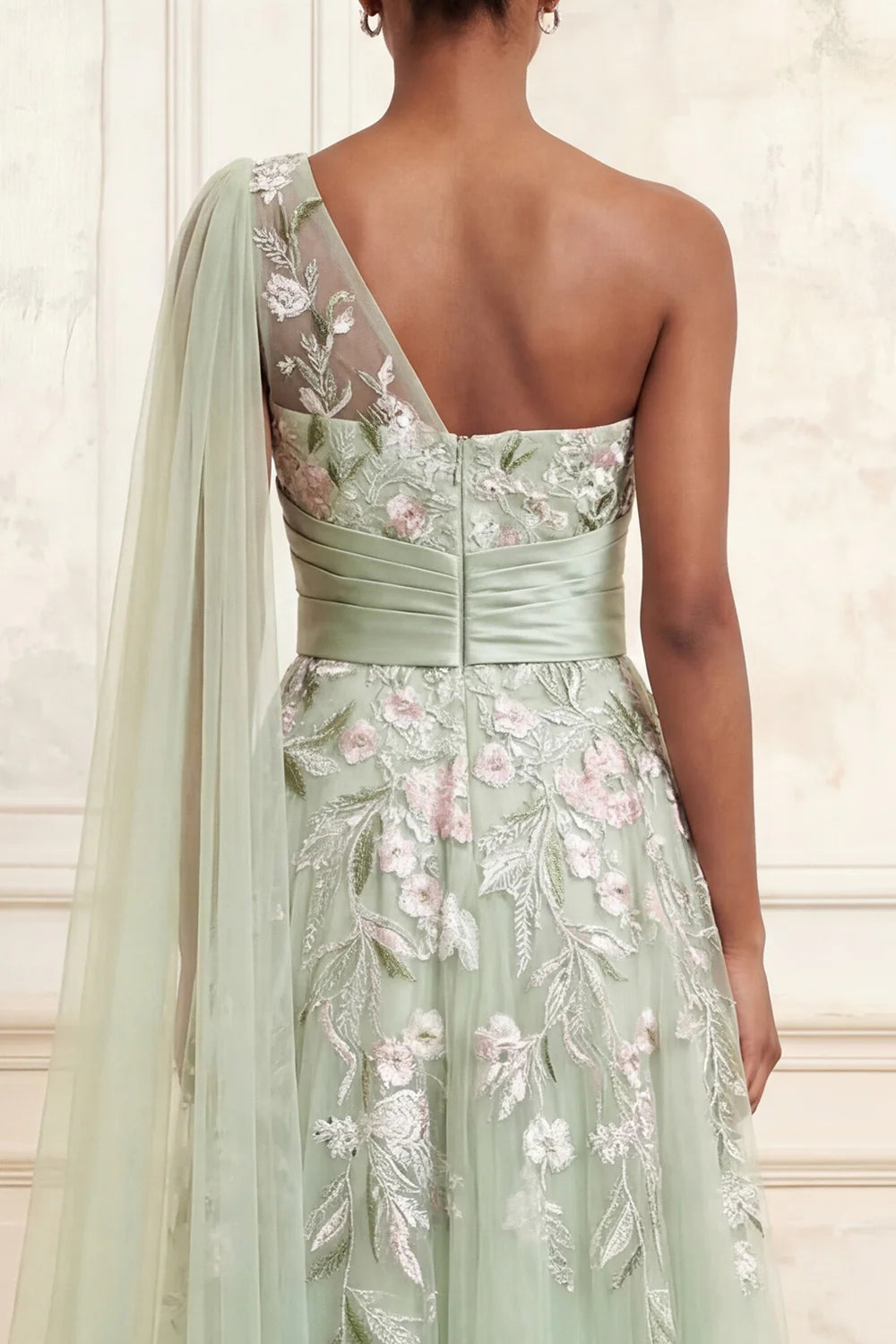 One Shoulder Floral Embroidered A-Line Gown with Satin Waist Sash and Detachable Tulle Cape Prom Dress