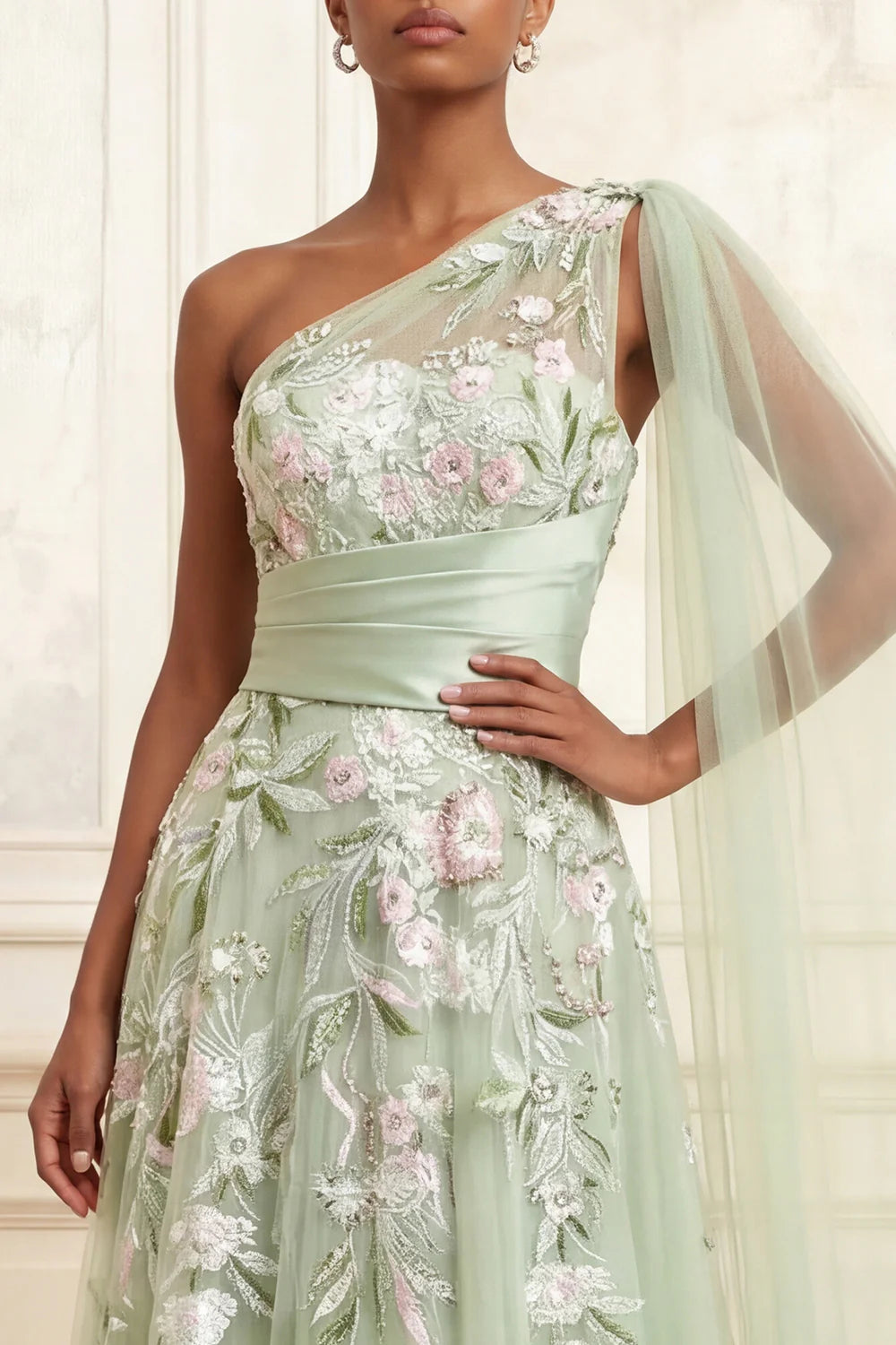 One Shoulder Floral Embroidered A-Line Gown with Satin Waist Sash and Detachable Tulle Cape Prom Dress