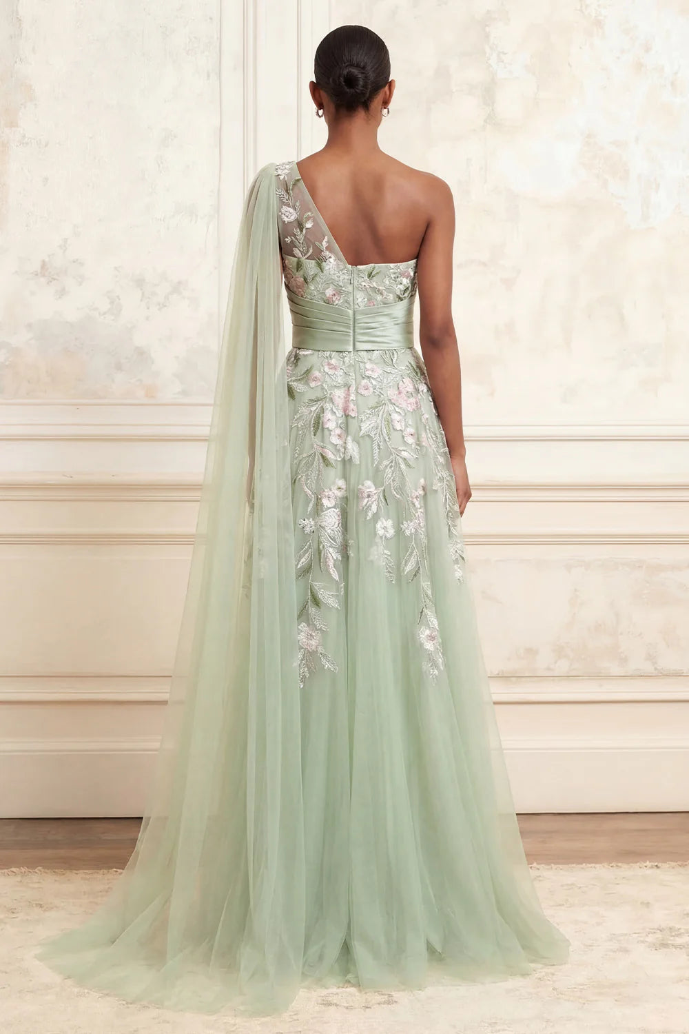 One Shoulder Floral Embroidered A-Line Gown with Satin Waist Sash and Detachable Tulle Cape Prom Dress
