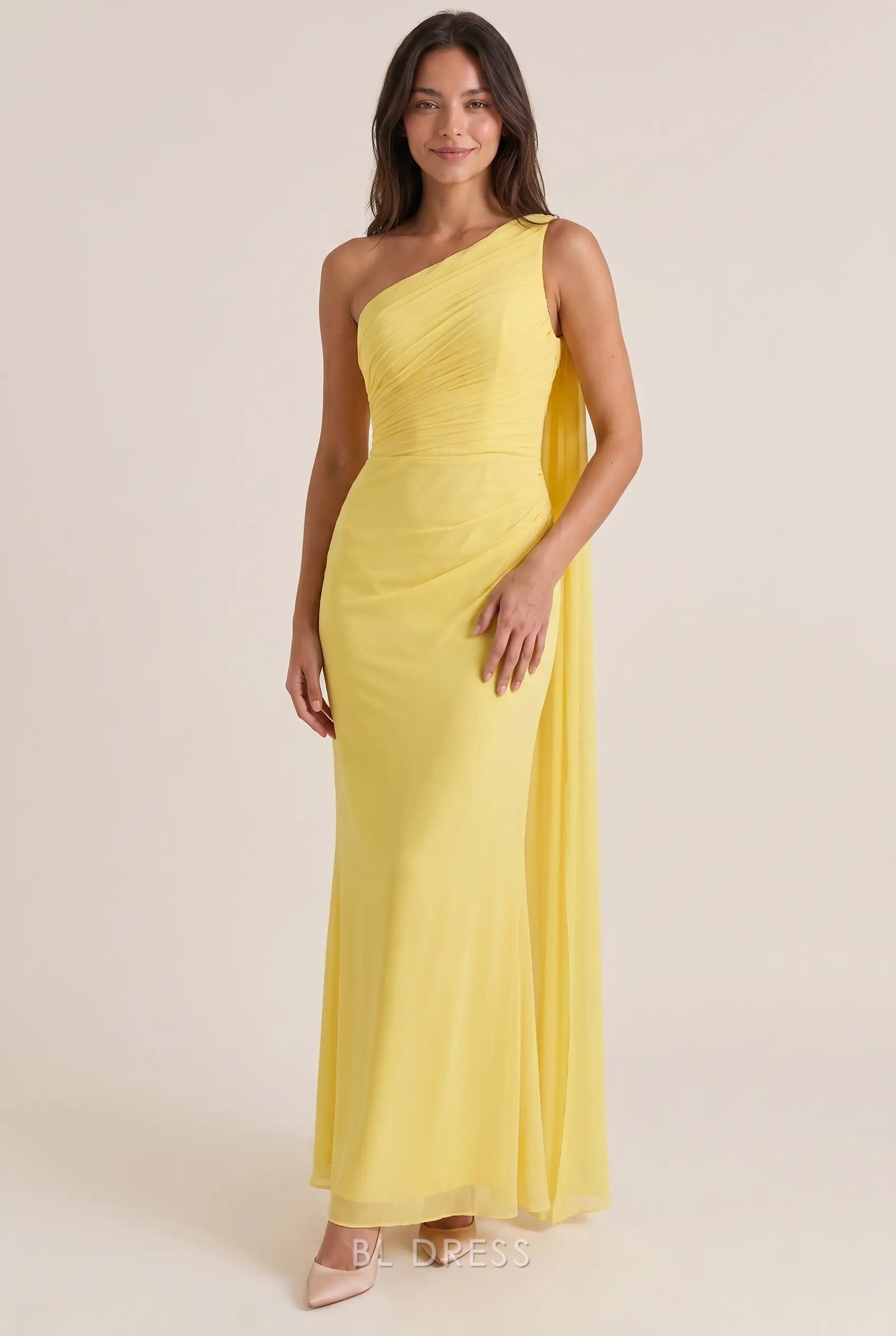One Shoulder Ruched Bodice Draped Chiffon Mermaid Floor Length Prom Dress